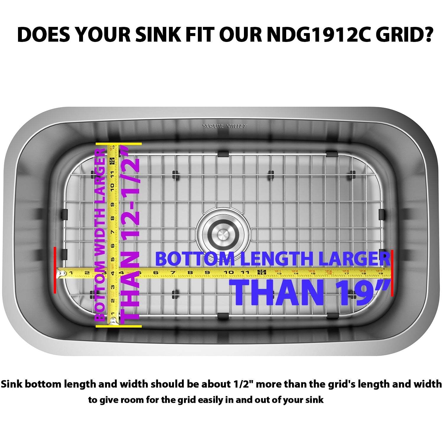Serene Valley Sink Bottom Grid 19" x 12-1/2", Centered Drain with Corner Radius 1-1/2", NDG1912C-Serene Valley