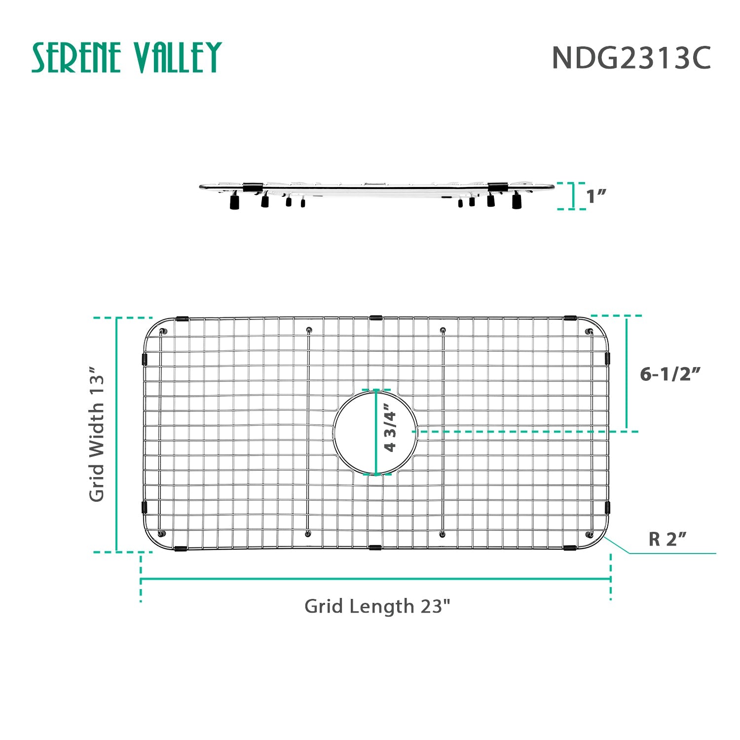 Sink Bottom Grid 23" X 13", Centered Drain with Corner Radius 2", NDG2313C-Serene Valley