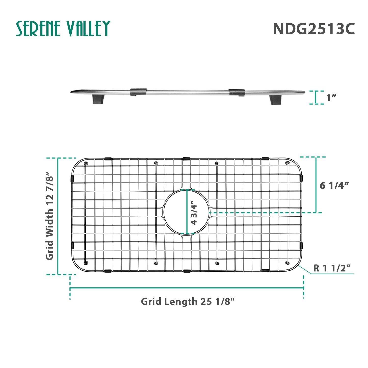 Serene Valley Sink Bottom Grid 25-1/8" x 12-7/8", Centered Drain with Corner Radius 1-1/2", Sink Grid Stainless Steel NDG2513C-Serene Valley