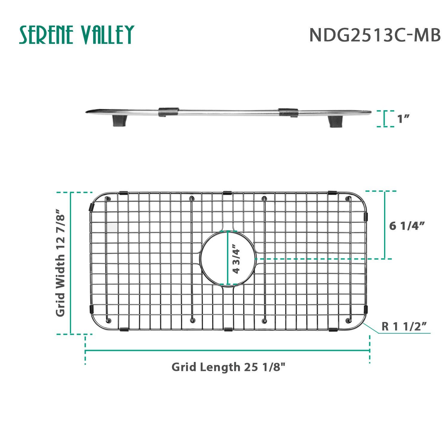 Serene Valley Sink Bottom Grid 25-1/8" x 12-7/8", Matte Black Color, Centered Drain with Corner Radius 1-1/2", Sink Grid Stainless Steel NDG2513C-MB-Serene Valley