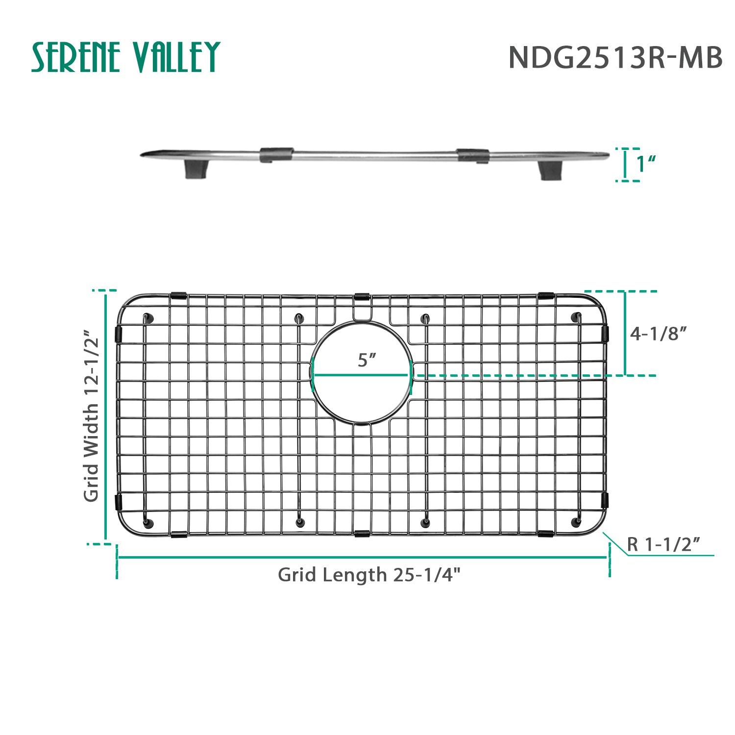 Serene Valley Sink Bottom Grid 25-1/4" X 12-1/2“, Matte Black Color, Rear Drain with Corner Radius 1-1/2", Sink Protector NDG2513R-MB-Serene Valley