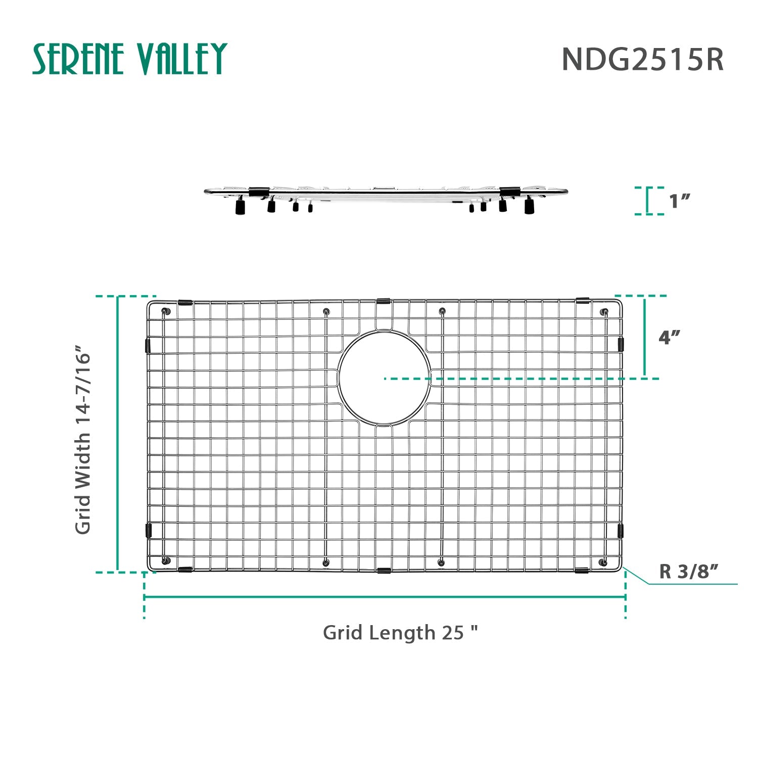 Sink Bottom Grid 25" X 14-7/16", Rear Drain with Corner Radius 3/8", Sink Protector NDG2515R-Serene Valley