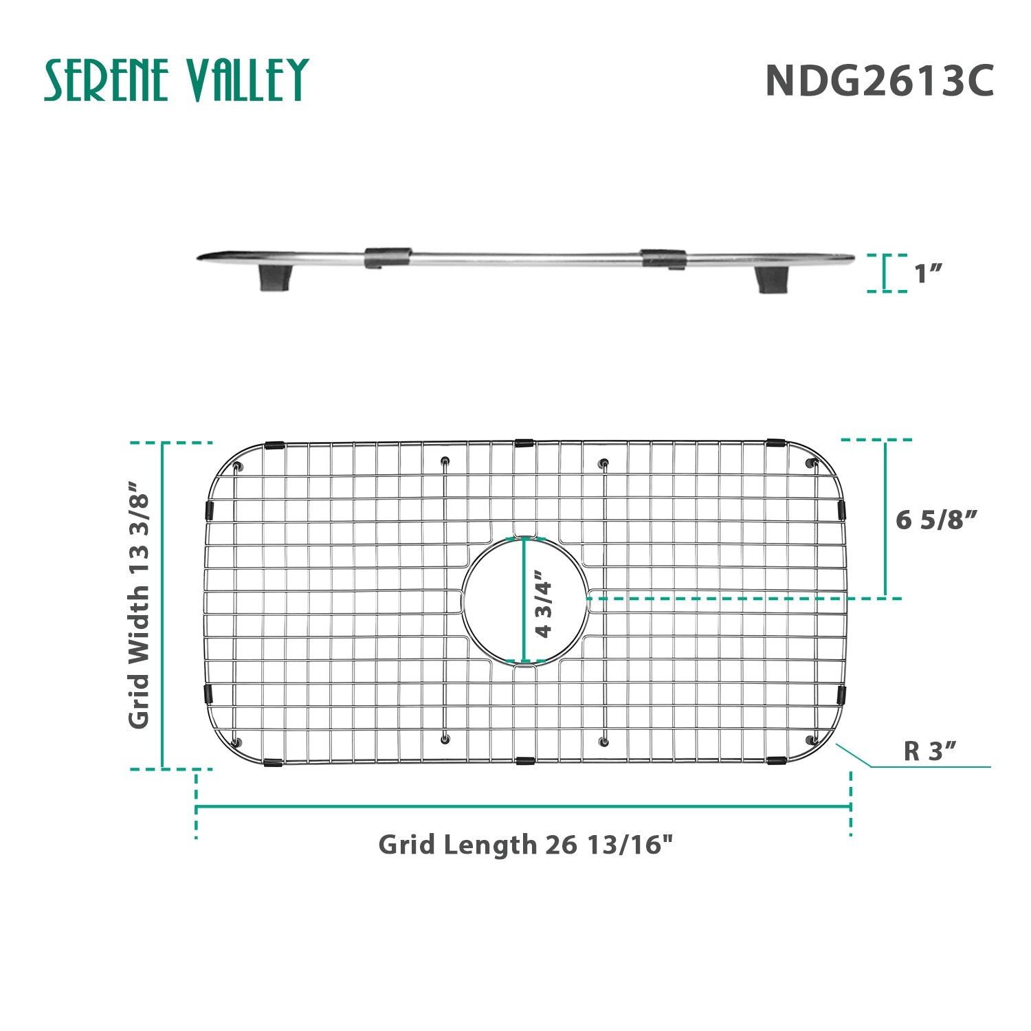 Serene Valley Sink Grid 26-13/16" x 13-3/8", Centered Drain with Corner Radius 3", NDG2613C-Serene Valley