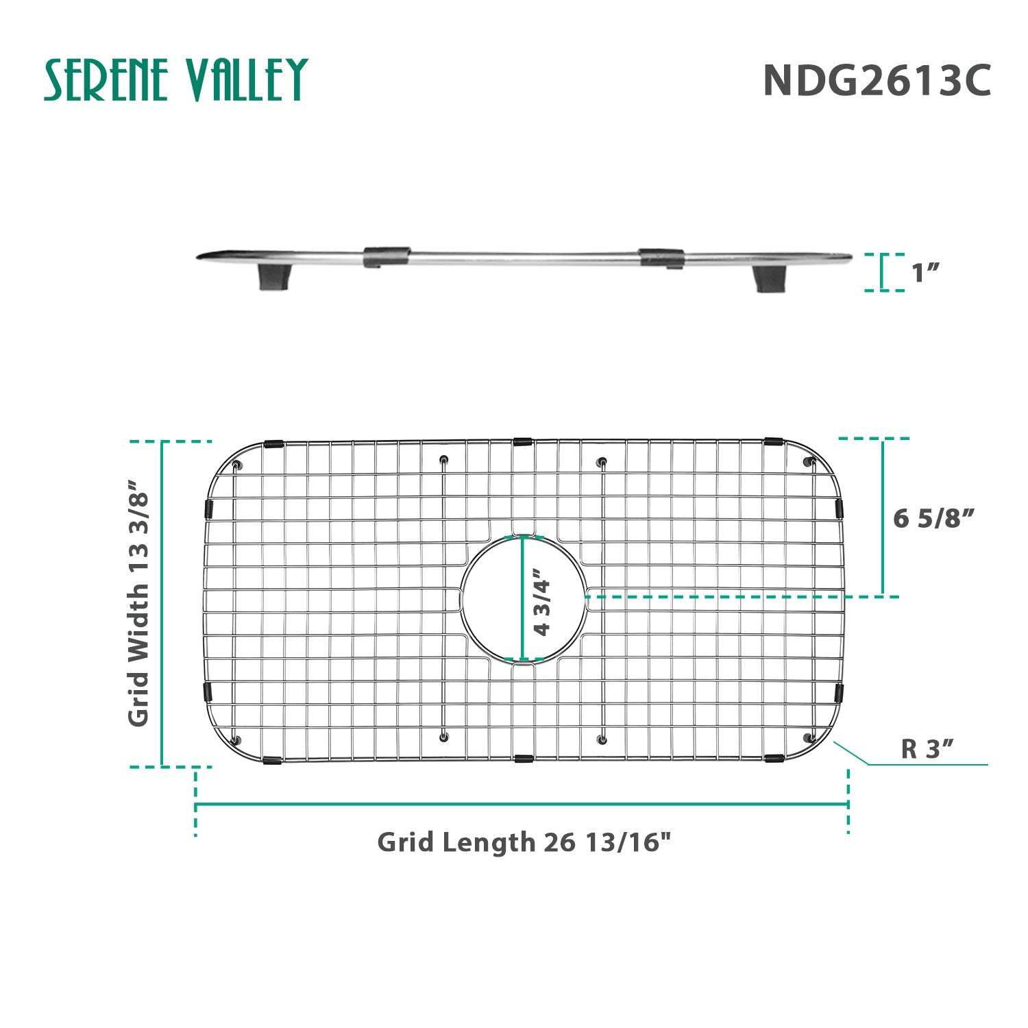Serene Valley Sink Grid 26-13/16" x 13-3/8", Centered Drain with Corner Radius 3", NDG2613C-Serene Valley