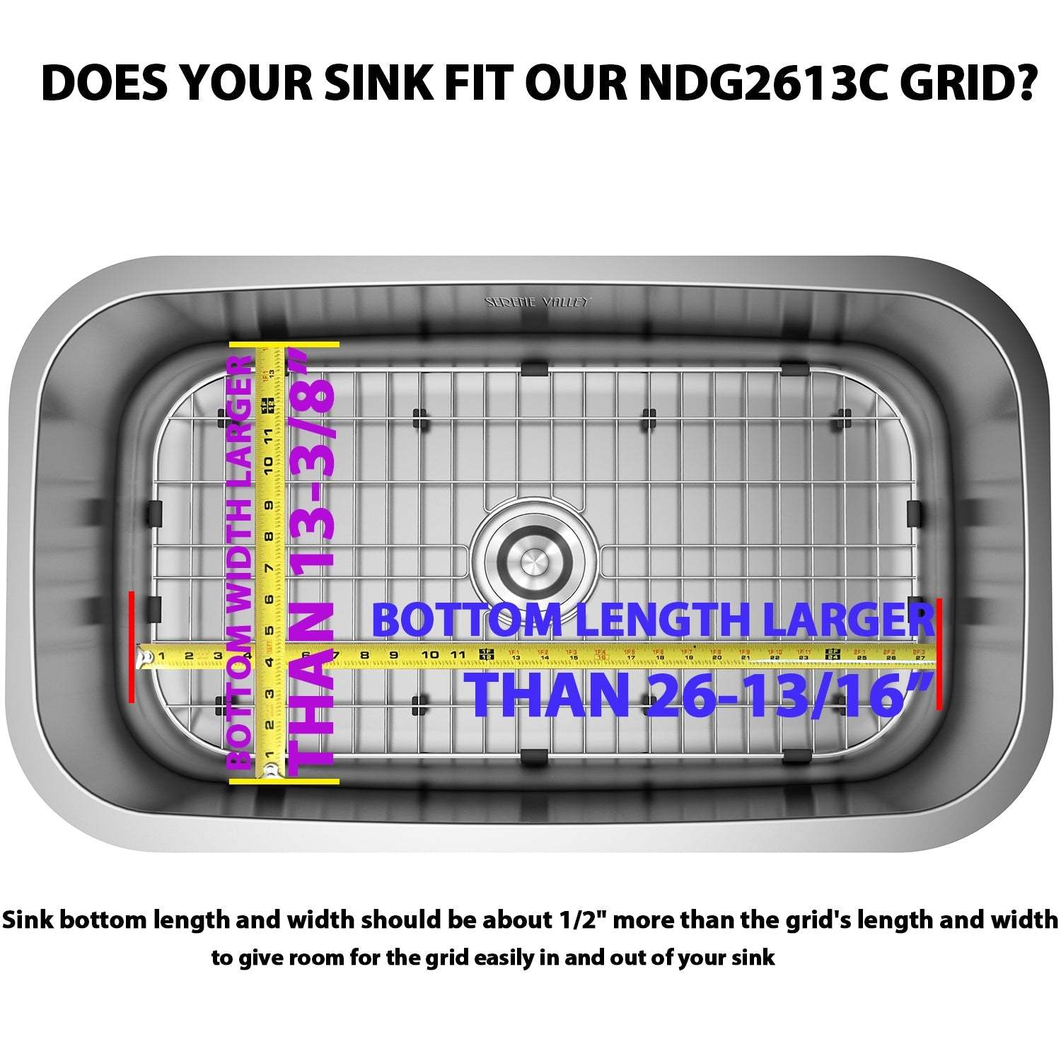 Serene Valley Sink Grid 26-13/16" x 13-3/8", Centered Drain with Corner Radius 3", NDG2613C-Serene Valley
