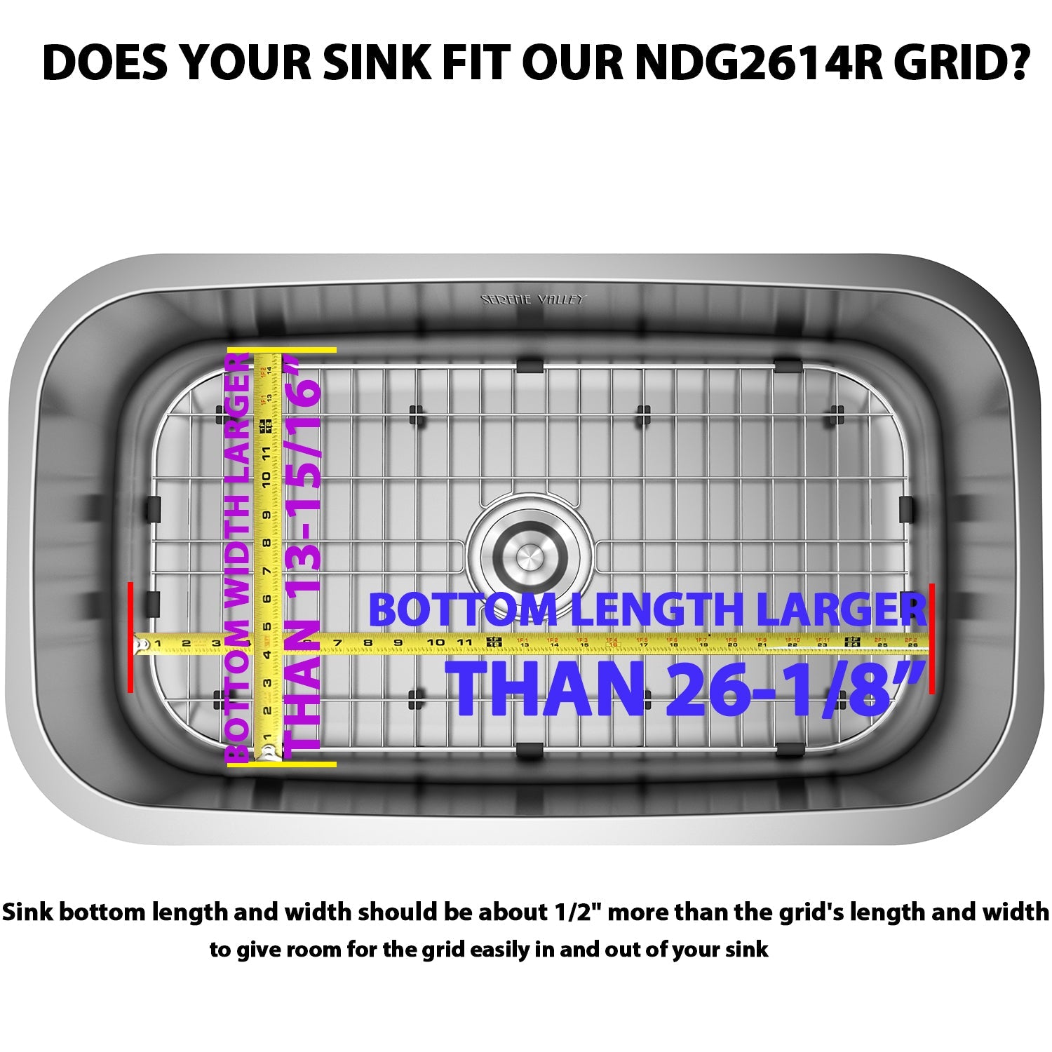 Serene Valley Sink Grid 26-1/8" x 13-15/16", Rear Drain with Corner Radius 2-1/2", Bottom Grid NDG2614R-Serene Valley