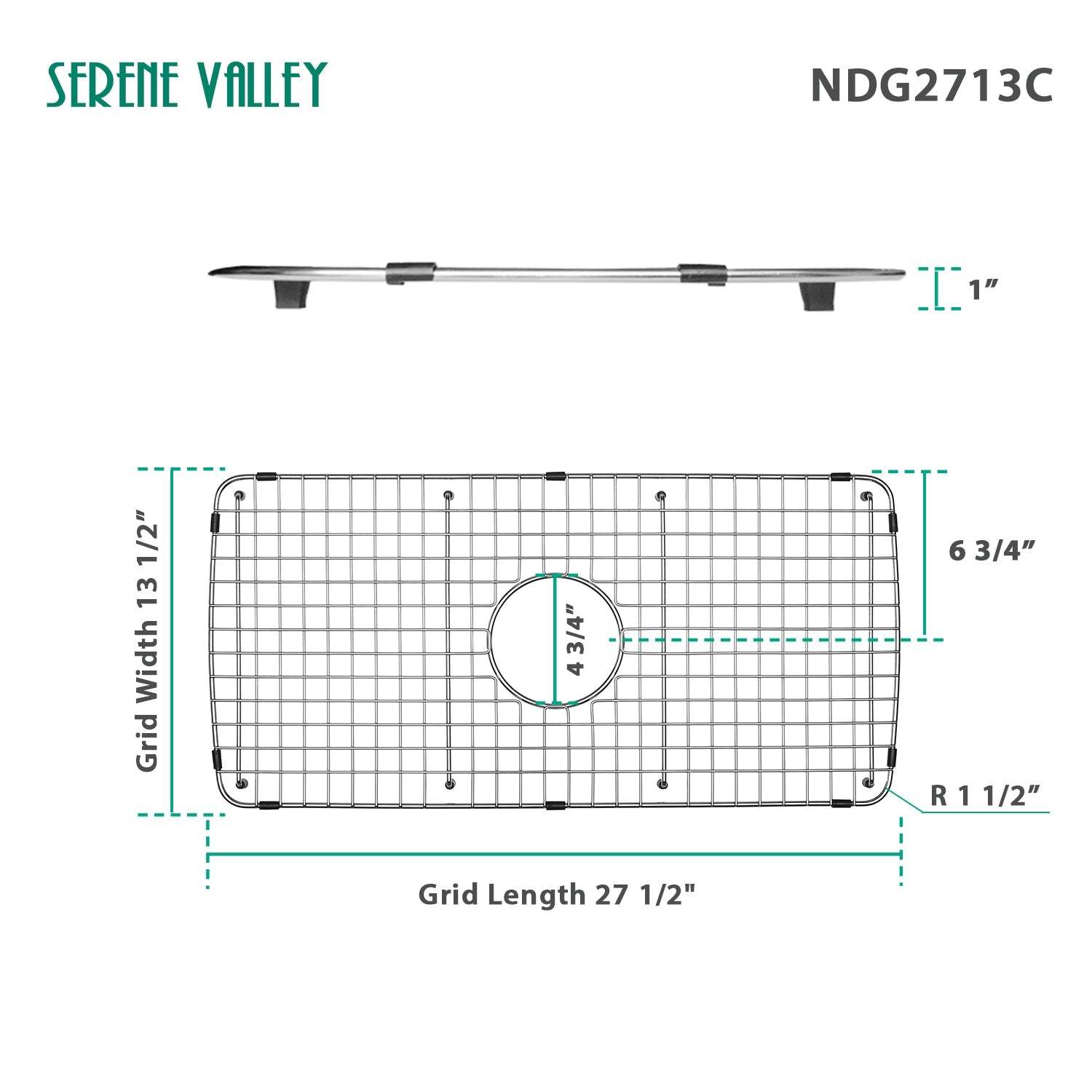 Serene Valley Sink Bottom Grid 27-1/2" x 13-1/2", Centered Drain with Corner Radius 1-1/2", Sink Grids Stainless Steel NDG2713C-Serene Valley
