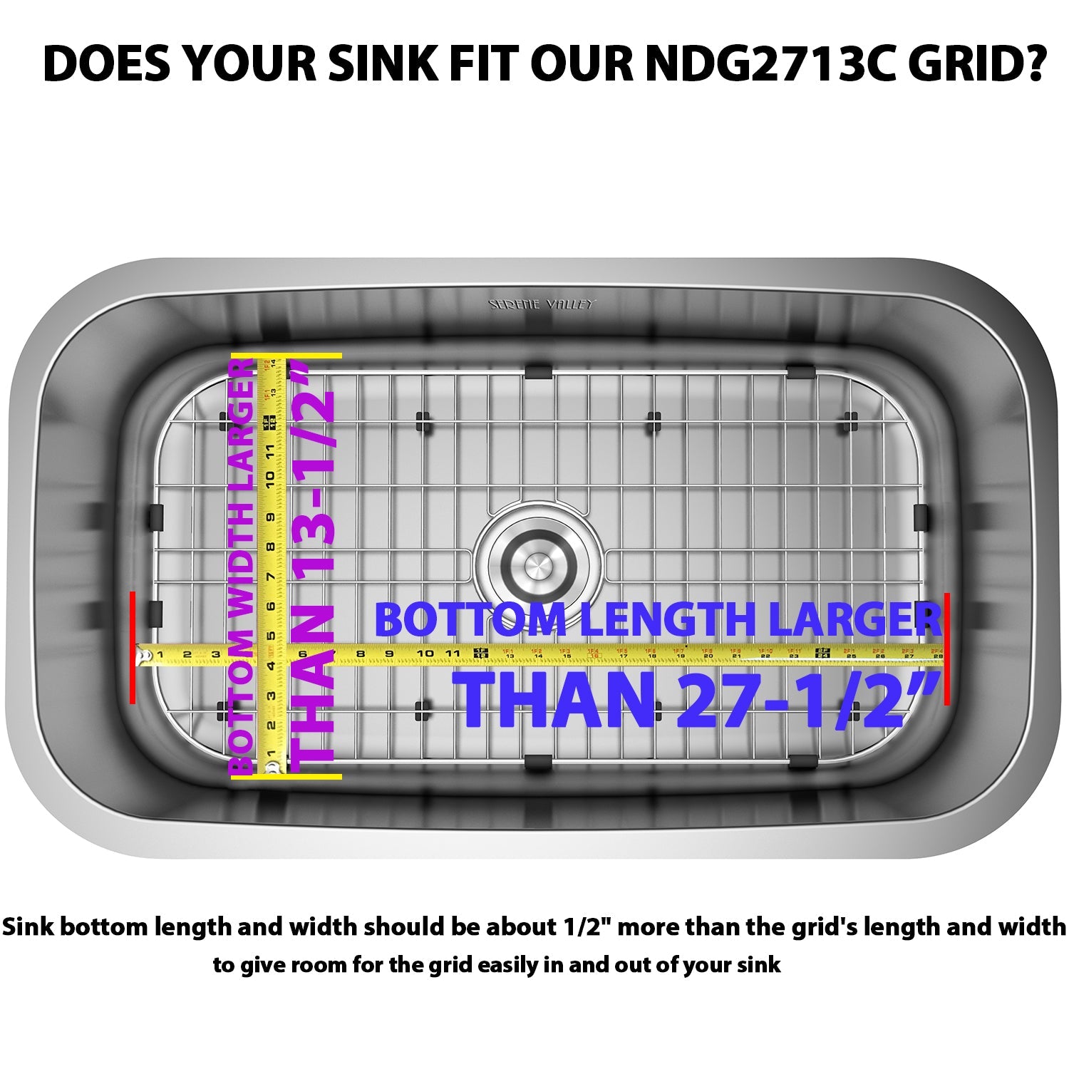 Serene Valley Sink Bottom Grid 27-1/2" x 13-1/2", Centered Drain with Corner Radius 1-1/2", Sink Grids Stainless Steel NDG2713C-Serene Valley