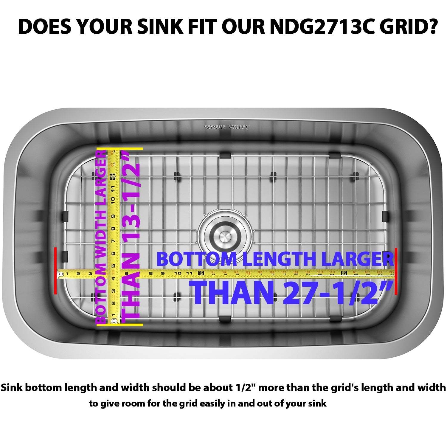 Serene Valley Sink Bottom Grid 27-1/2" x 13-1/2", Centered Drain with Corner Radius 1-1/2", Sink Grids Stainless Steel NDG2713C-Serene Valley