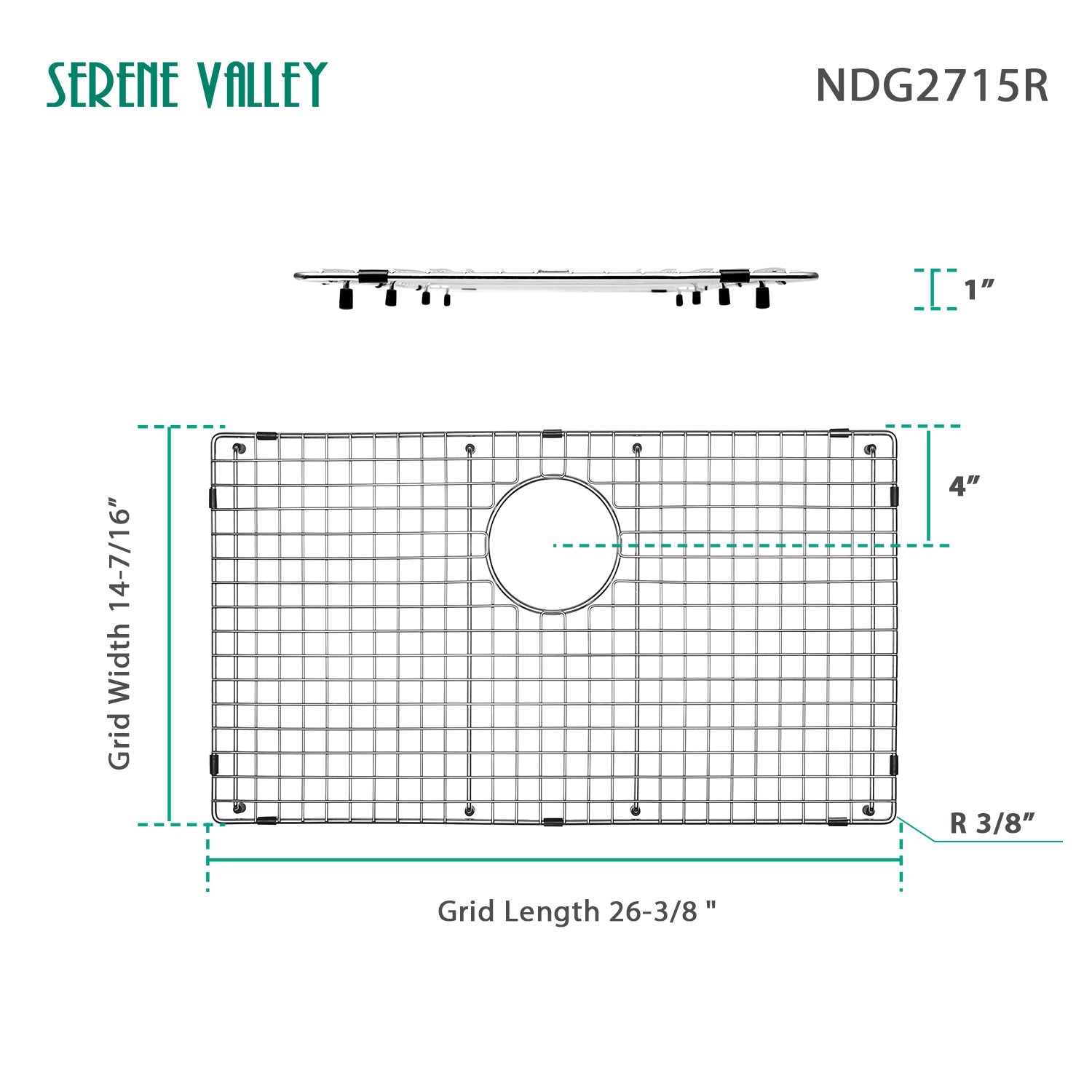 Sink Bottom Grid 26-3/8" X 14-7/16", Rear Drain with Corner Radius 3/8", Sink Protector NDG2715R-Serene Valley