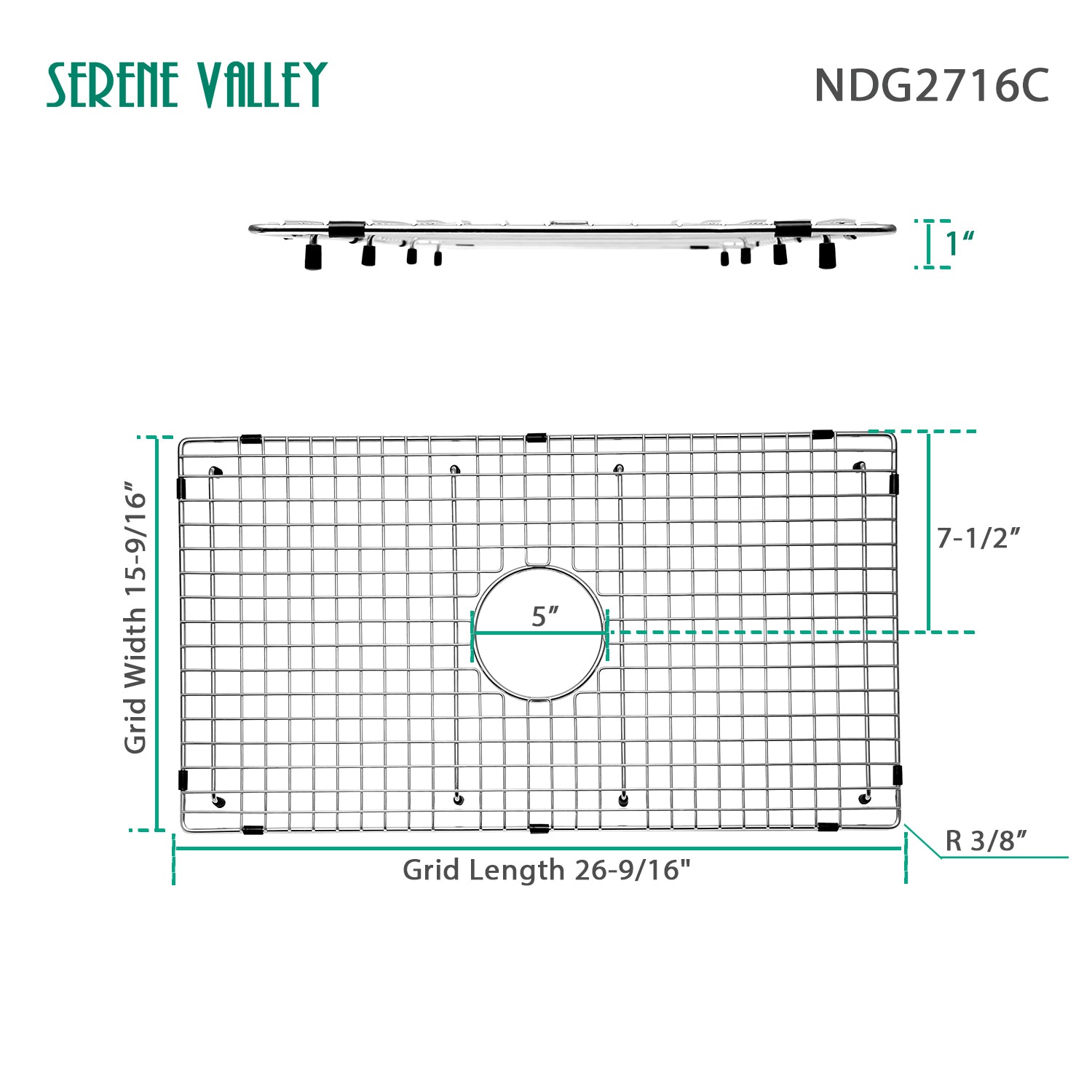 Sink Bottom Grid 26-9/16" X 15-9/16", Centered Drain with Corner Radius 3/8", Sink Protector NDG2716C-Serene Valley