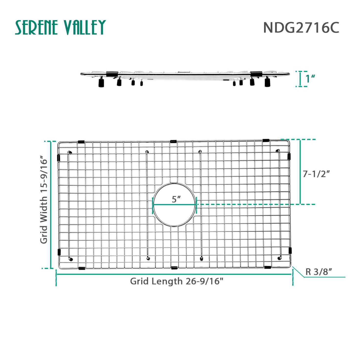 Sink Bottom Grid 26-9/16" X 15-9/16", Centered Drain with Corner Radius 3/8", Sink Protector NDG2716C-Serene Valley