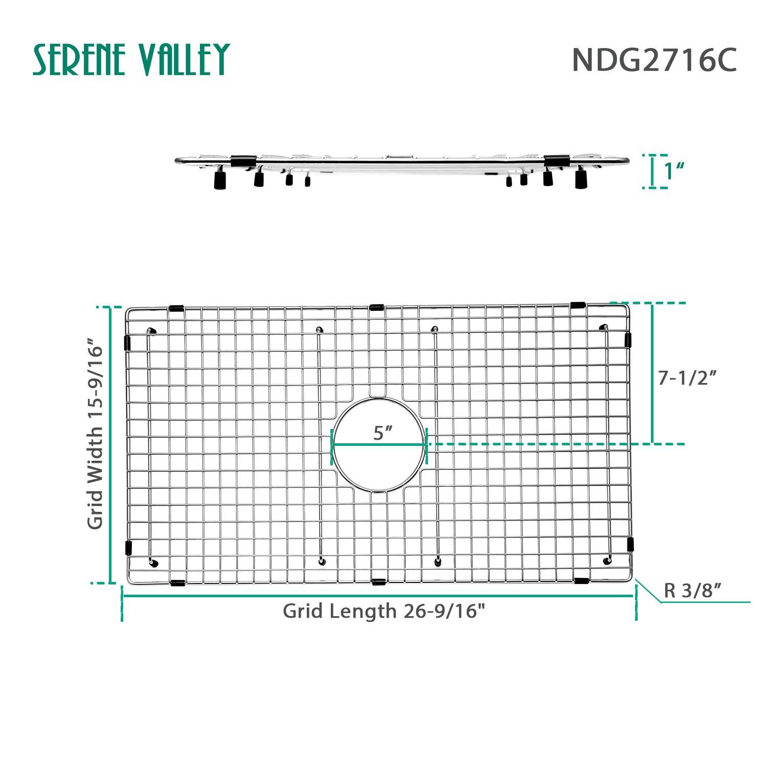 Sink Bottom Grid 26-9/16" X 15-9/16", Centered Drain with Corner Radius 3/8", Sink Protector NDG2716C-Serene Valley