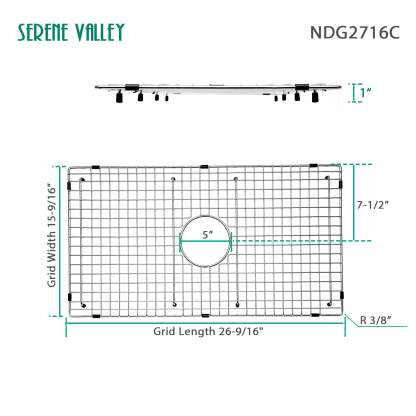Sink Bottom Grid 26-9/16" X 15-9/16", Centered Drain with Corner Radius 3/8", Sink Protector NDG2716C-Serene Valley