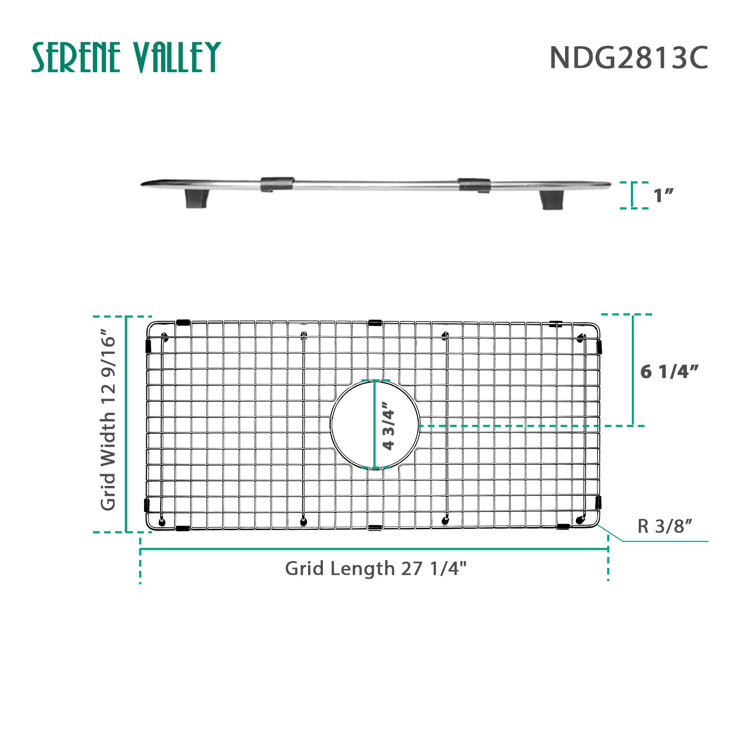 Sink Bottom Grid 27-1/4" X 12-9/16", Centered Drain with Corner Radius 3/8" NDG2813C-Serene Valley