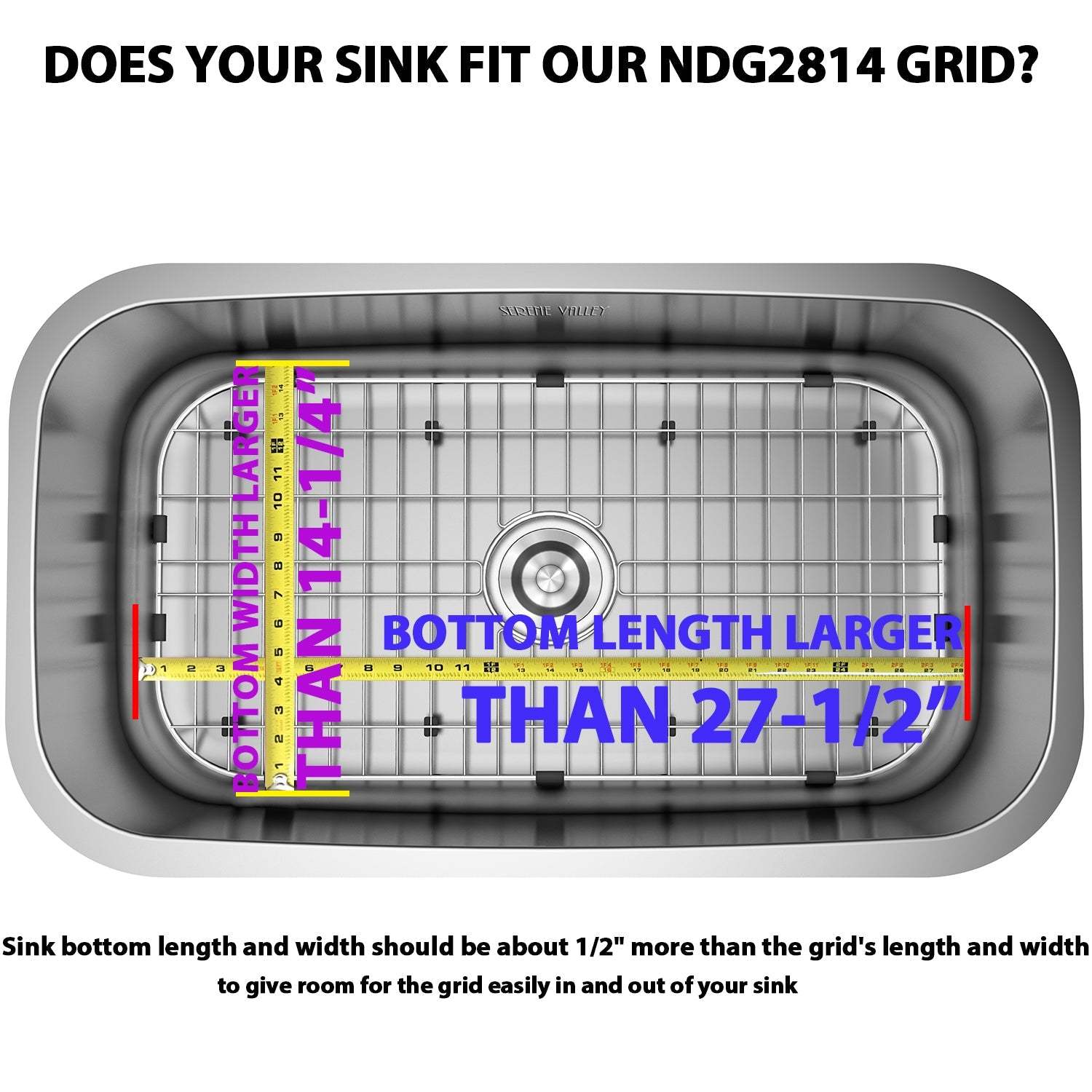 Serene Valley Sink Bottom Grid 27-1/2" x 14-1/4", Centered Drain with Corner Radius 3-1/2", NDG2814C-Serene Valley