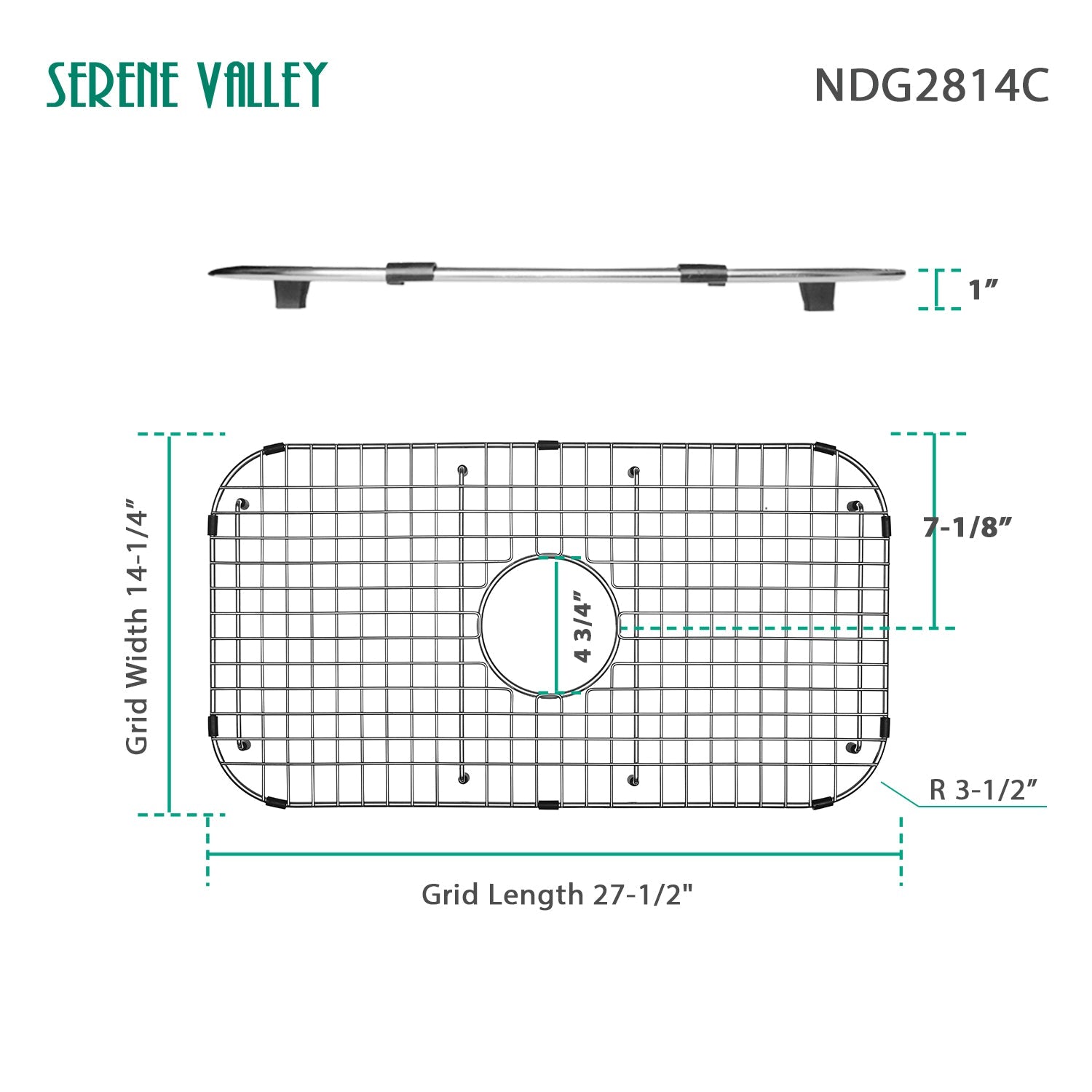 Serene Valley Sink Bottom Grid 27-1/2" x 14-1/4", Centered Drain with Corner Radius 3-1/2", NDG2814C-Serene Valley