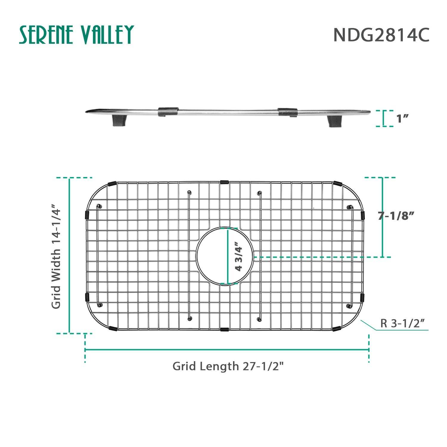 Serene Valley Sink Bottom Grid 27-1/2" x 14-1/4", Centered Drain with Corner Radius 3-1/2", NDG2814C-Serene Valley
