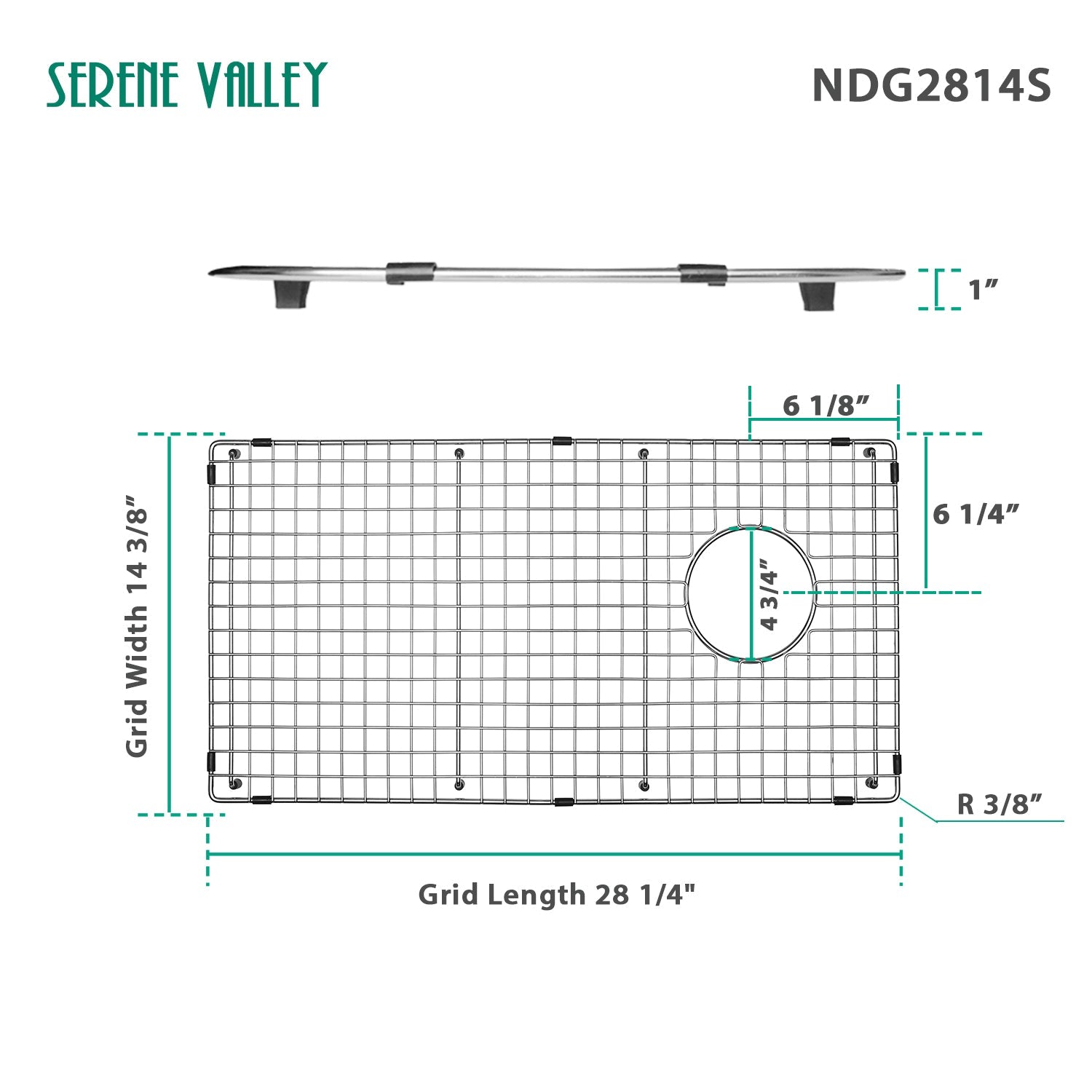 Serene Valley Sink Bottom Grid 28-1/4" x 14-3/8", Side Drain with Corner Radius 3/8",NDG2814S-Serene Valley
