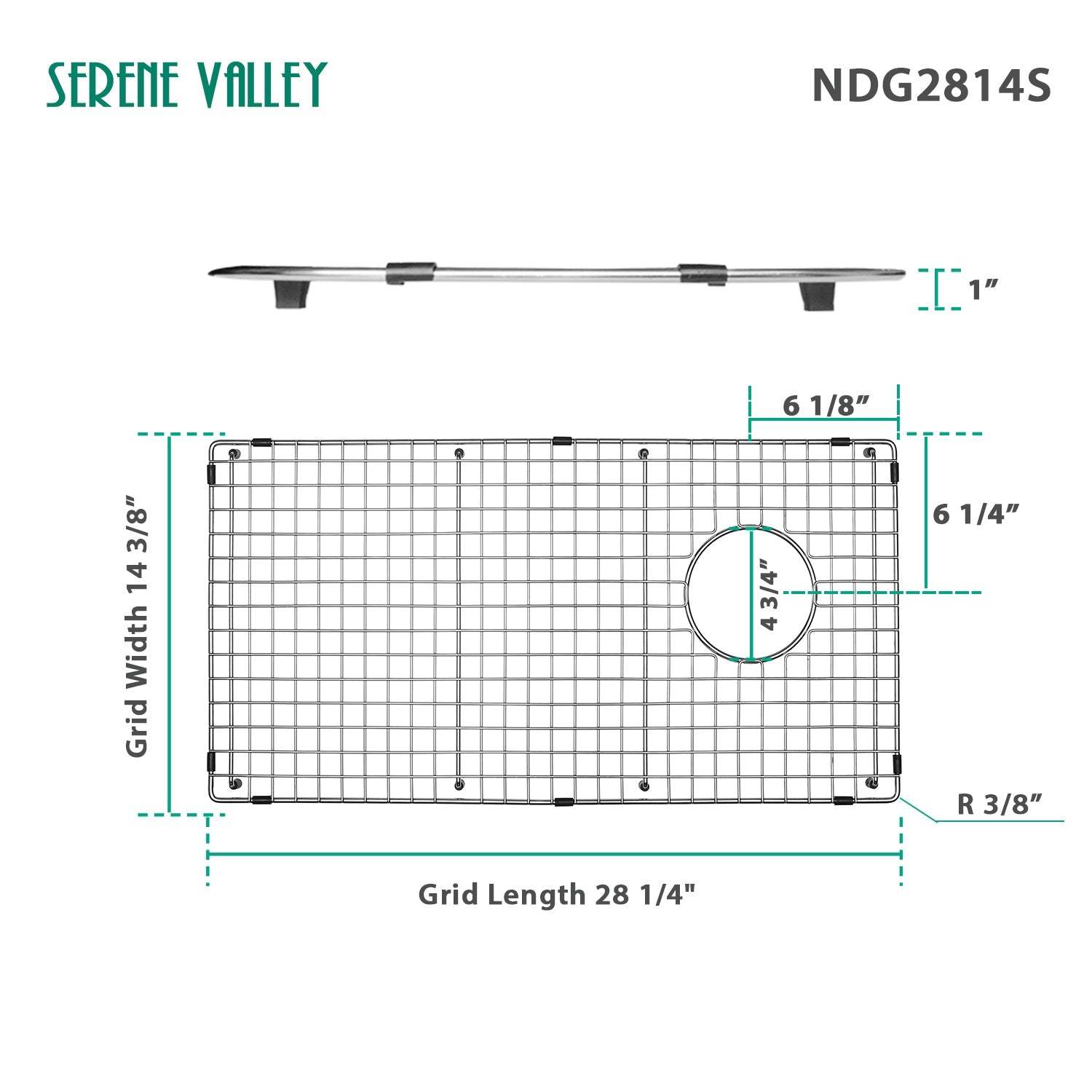Serene Valley Sink Bottom Grid 28-1/4" x 14-3/8", Side Drain with Corner Radius 3/8",NDG2814S-Serene Valley