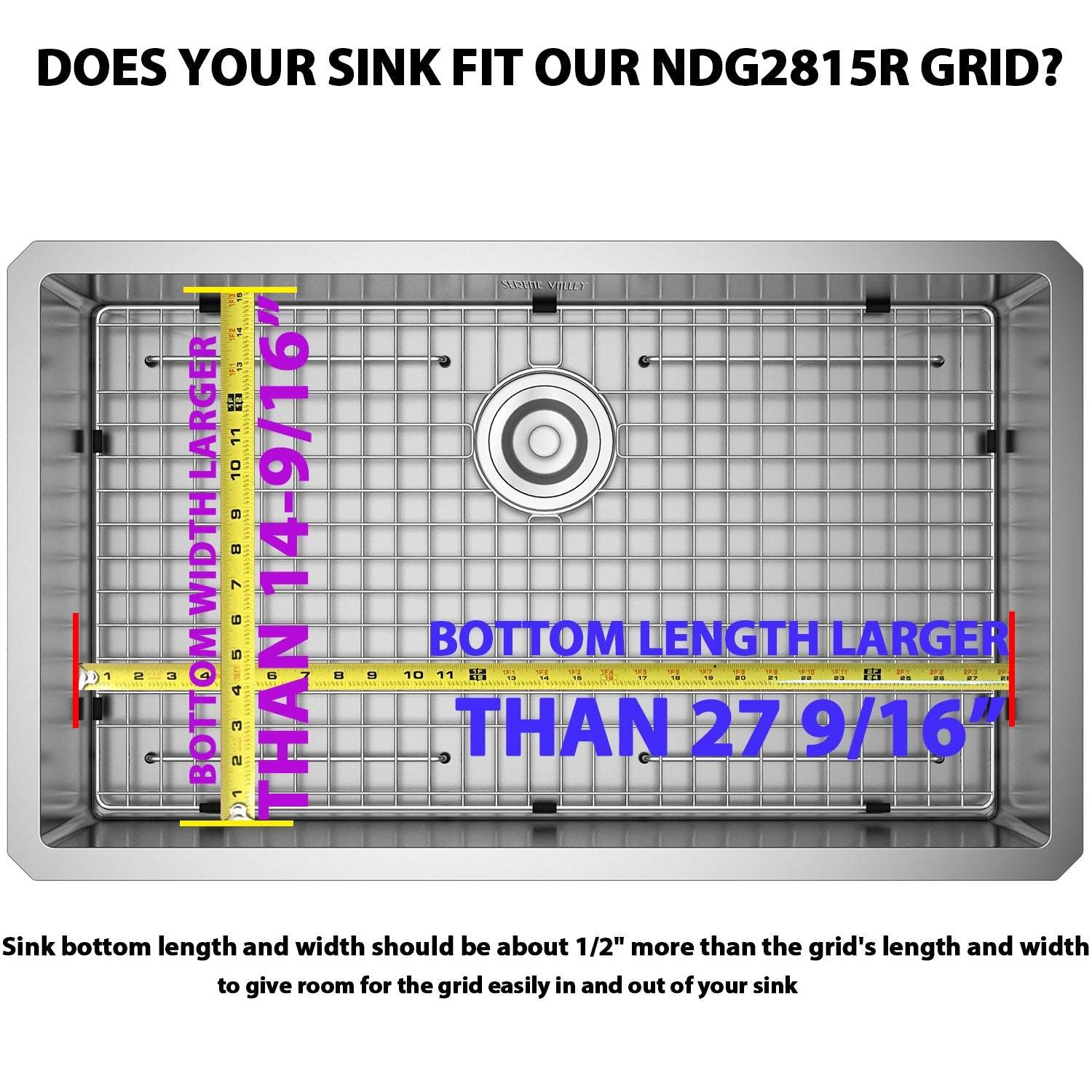 Serene Valley Sink Bottom Grid 27-9/16" x 14-9/16", Rear Drain with Corner Radius 3/16", Kitchen Sink Protector NDG2815R-Serene Valley