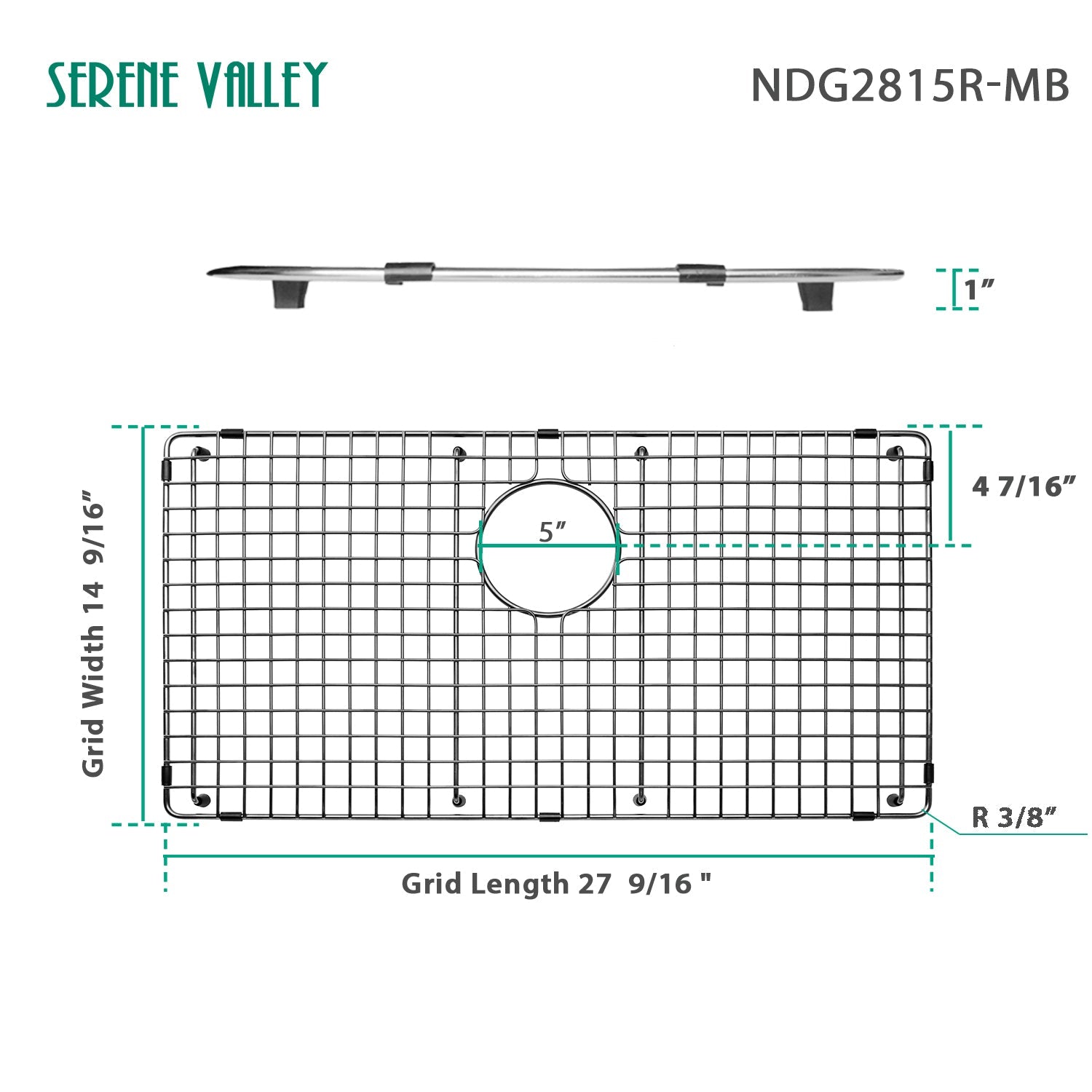 Serene Valley Sink Bottom Grid 27-9/16" x 14-9/16", Matte Black Color, Rear Drain with Corner Radius 3/16", Kitchen Sink Protector NDG2815R-MB-Serene Valley