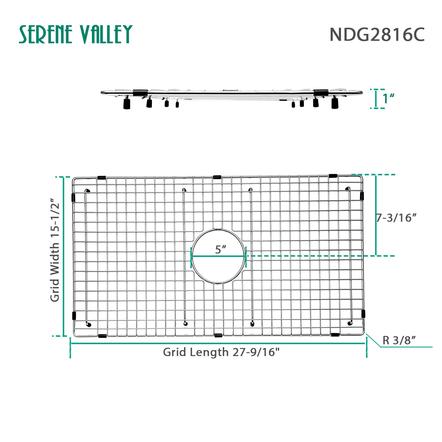 Sink Bottom Grid 27-9/16" X 15-1/2", Centered Drain with Corner Radius 3/8", Sink Protector NDG2816C-Serene Valley