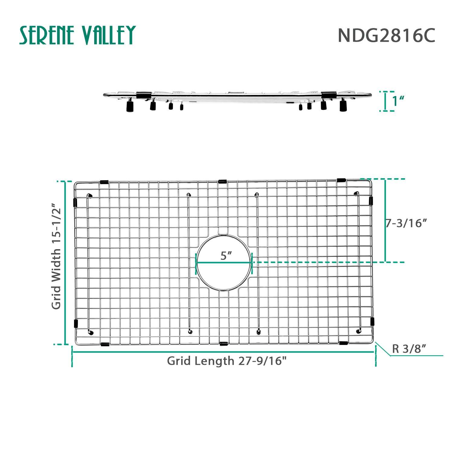 Sink Bottom Grid 27-9/16" X 15-1/2", Centered Drain with Corner Radius 3/8", Sink Protector NDG2816C-Serene Valley