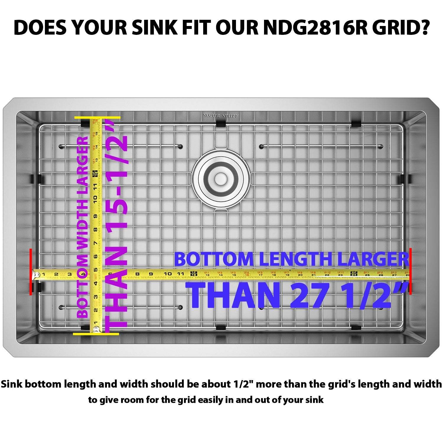 Serene Valley Sink Bottom Grid 27-1/2" x 15-1/2", Rear Drain with Corner Radius 3/16", Kitchen Sink Grid NDG2816R-Serene Valley