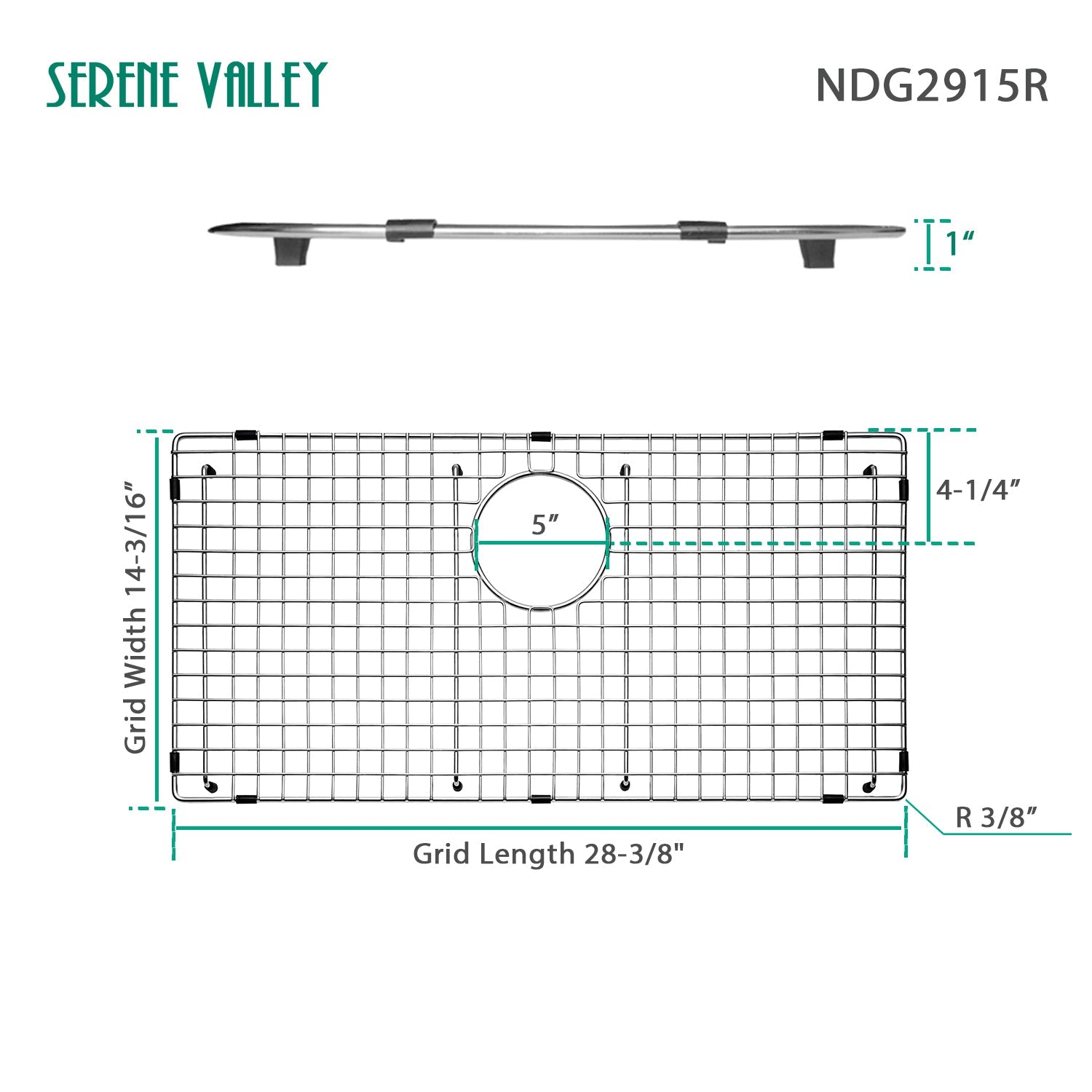 Sink Bottom Grid 28-3/8" x 14-3/16", Rear Drain with Corner Radius 3/16" NDG2915R-Serene Valley