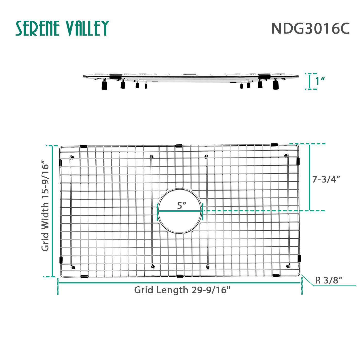 Sink Bottom Grid 29-1/2" X 15-9/16", Centered Drain with Corner Radius 3/8", Sink Protector NDG3016C-Serene Valley