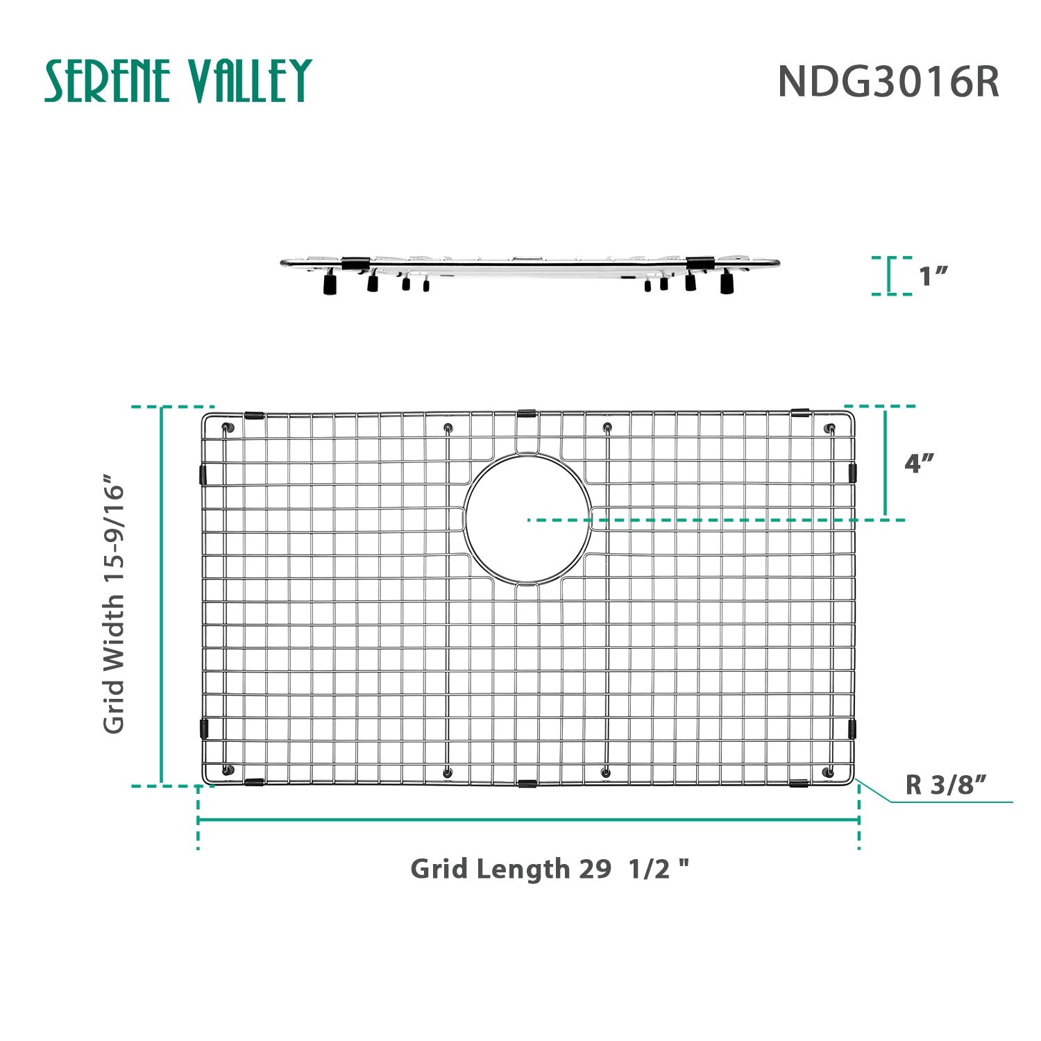 Sink Bottom Grid 29-1/2" X 15-9/16", Rear Drain with Corner Radius 3/8", Sink Protector NDG3016R-Serene Valley