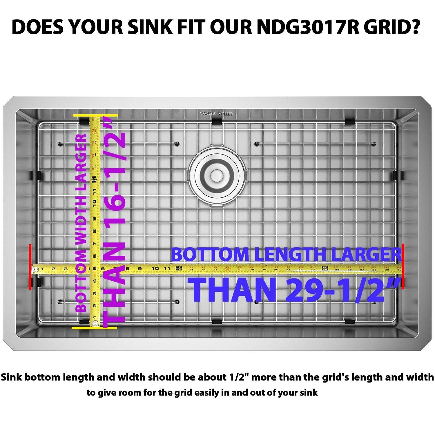 Serene Valley Sink Bottom Grid 29-1/2" x 16-1/2", Rear Drain with Corner Radius 3/16", Sink Grids Stainless Steel NDG3017R-Serene Valley