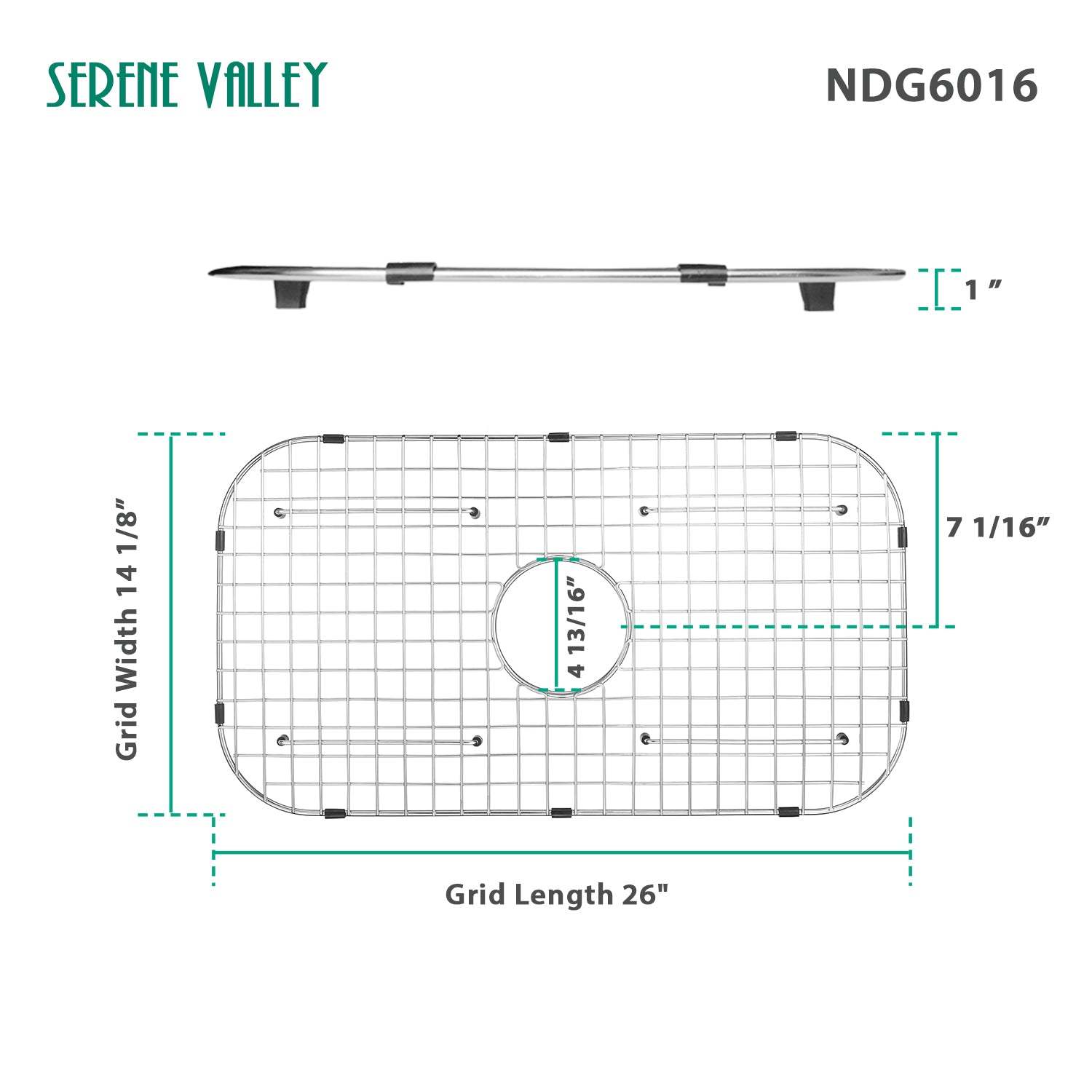 Serene Valley Sink Bottom Grid 26" x 14-1/8", Centered Drain with Corner Radius 3-1/2", NDG6016-Serene Valley
