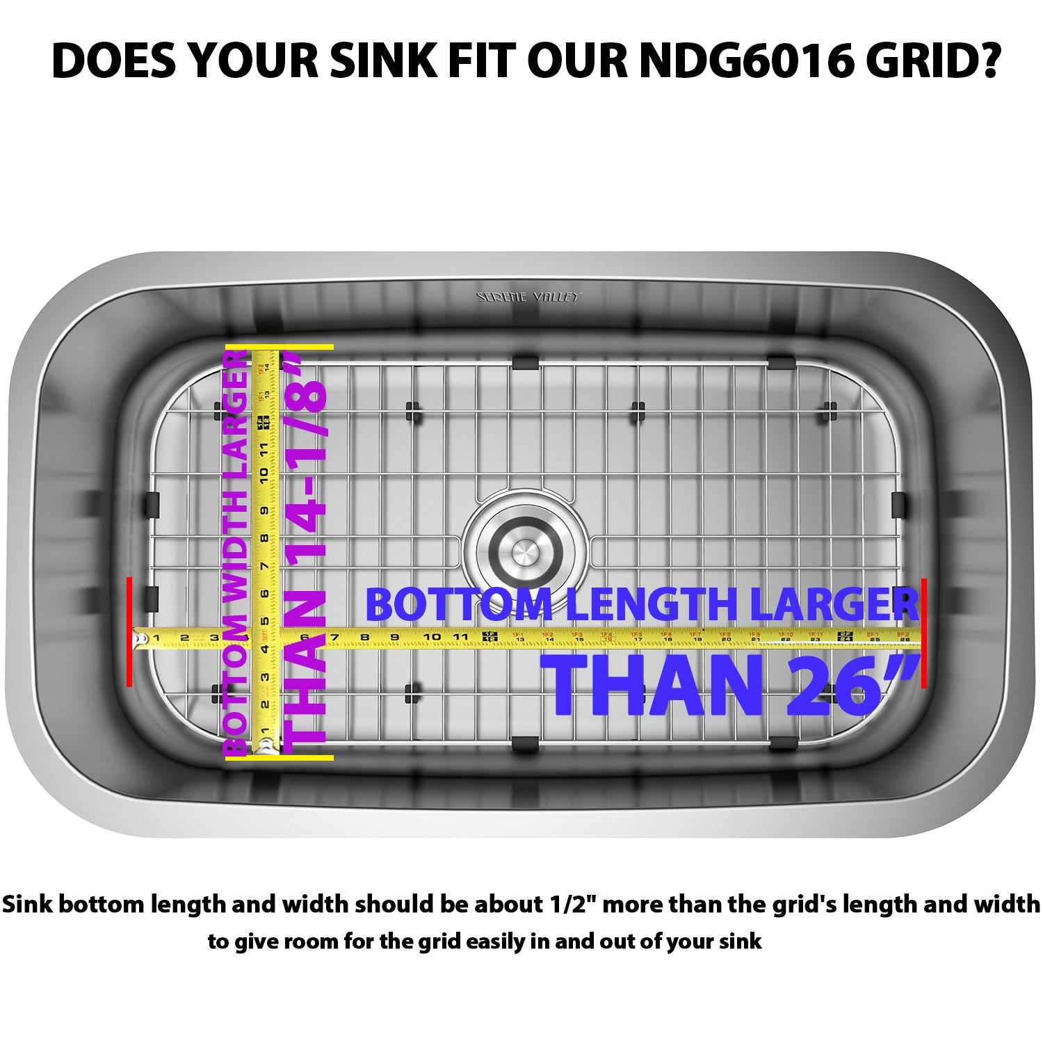 Serene Valley Sink Bottom Grid 26" x 14-1/8", Centered Drain with Corner Radius 3-1/2", NDG6016-Serene Valley