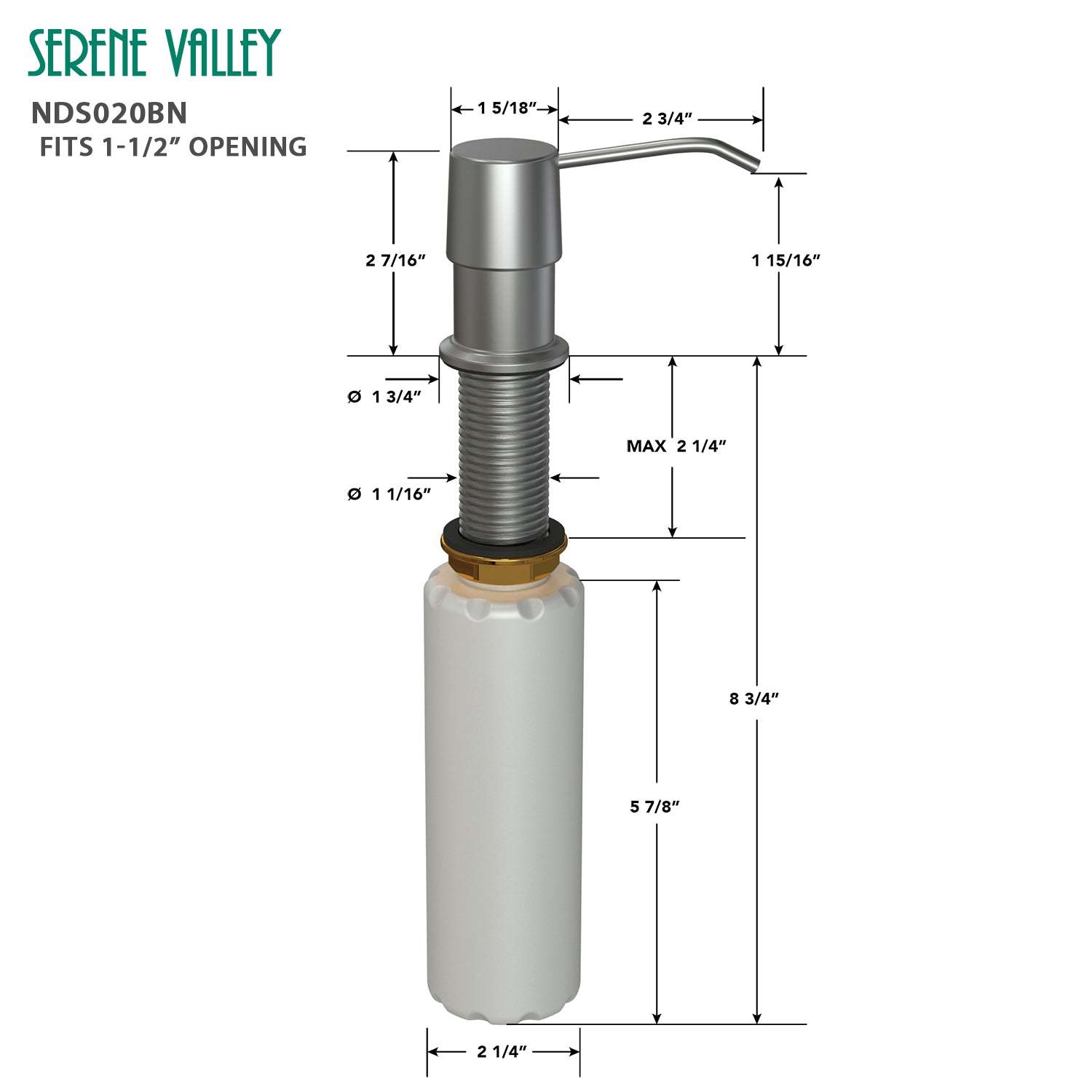 Kitchen Soap Dispenser NDS020BN, Solid Brass Construction with Refill-From-Top Capacity, Super Smooth and Durable Pump with Built-in Bottle-Serene Valley