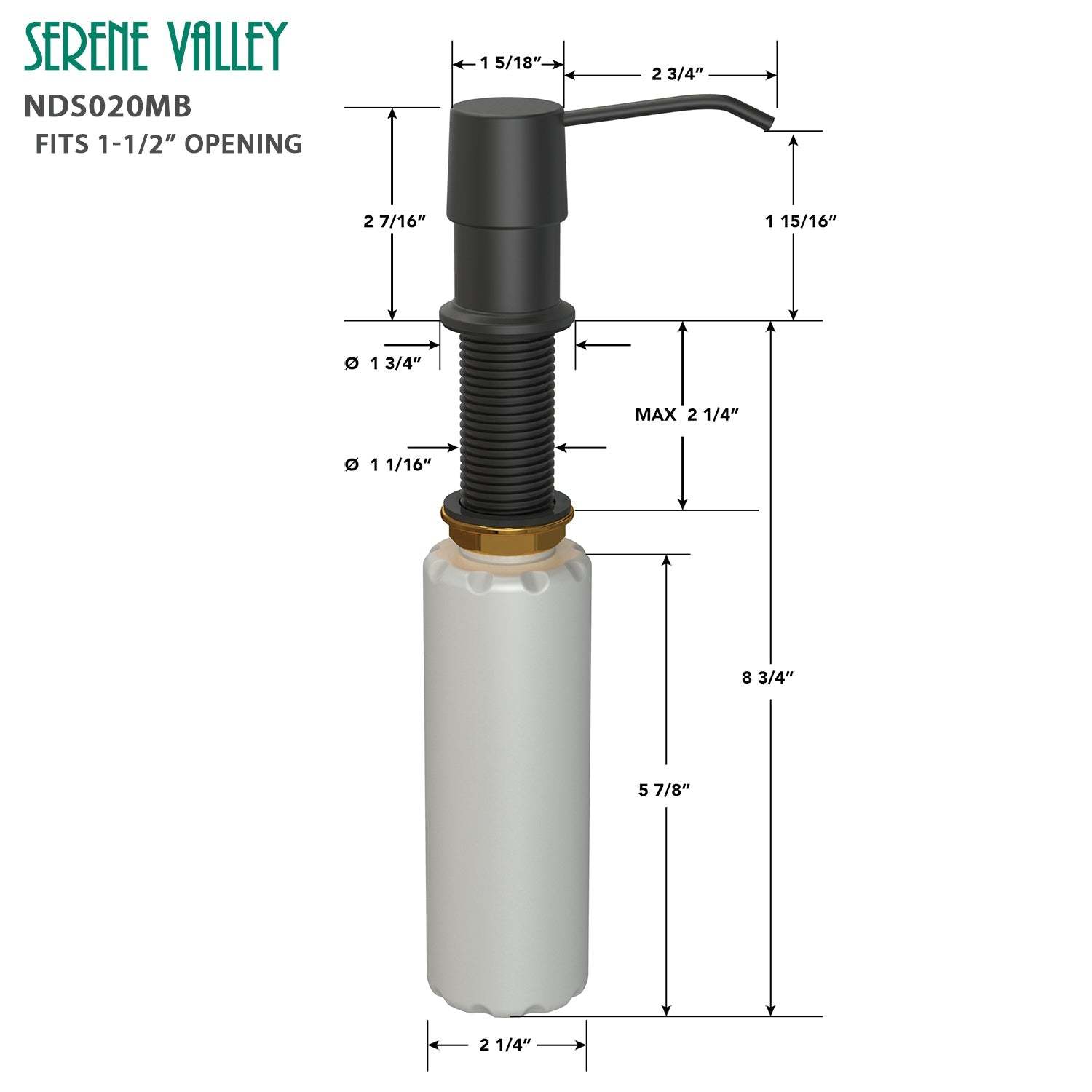 Kitchen Soap Dispenser NDS020MB, Solid Brass Construction with Refill-From-Top Capacity, Super Smooth and Durable Pump with Built-in Bottle-Serene Valley