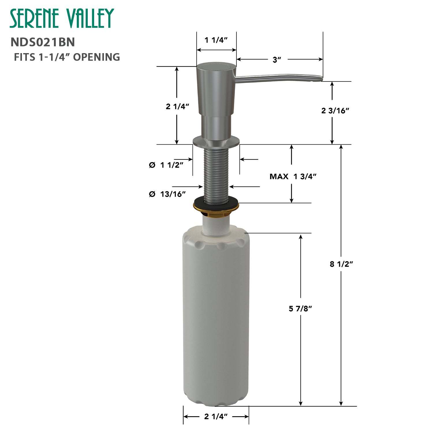 Kitchen Soap Dispenser NDS021BN, Solid Brass Construction with Refill-From-Top Capacity, Super Smooth and Durable Pump with Built-in Bottle-Serene Valley