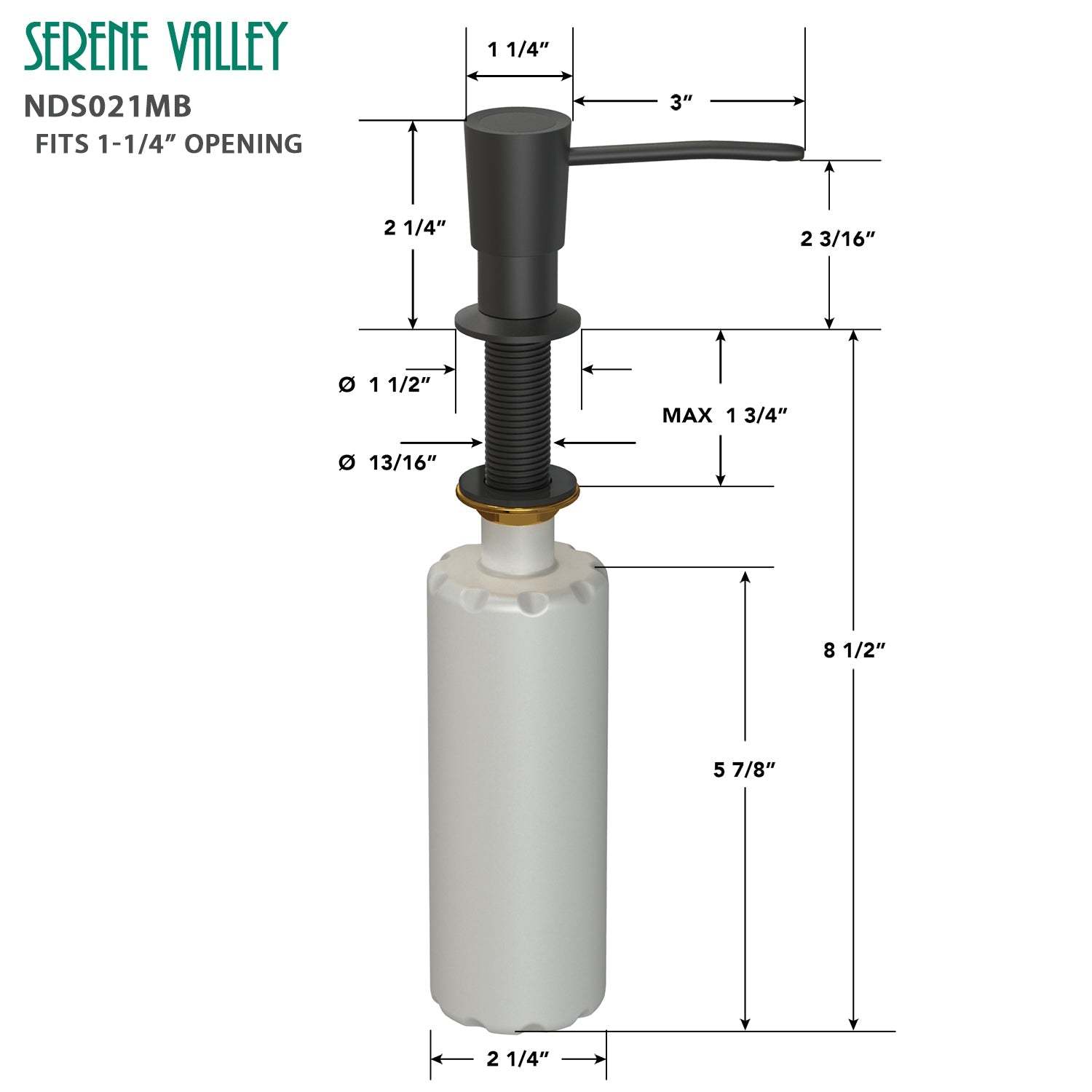 Kitchen Soap Dispenser NDS021MB, Solid Brass Construction with Refill-From-Top Capacity, Super Smooth and Durable Pump with Built-in Bottle-Serene Valley