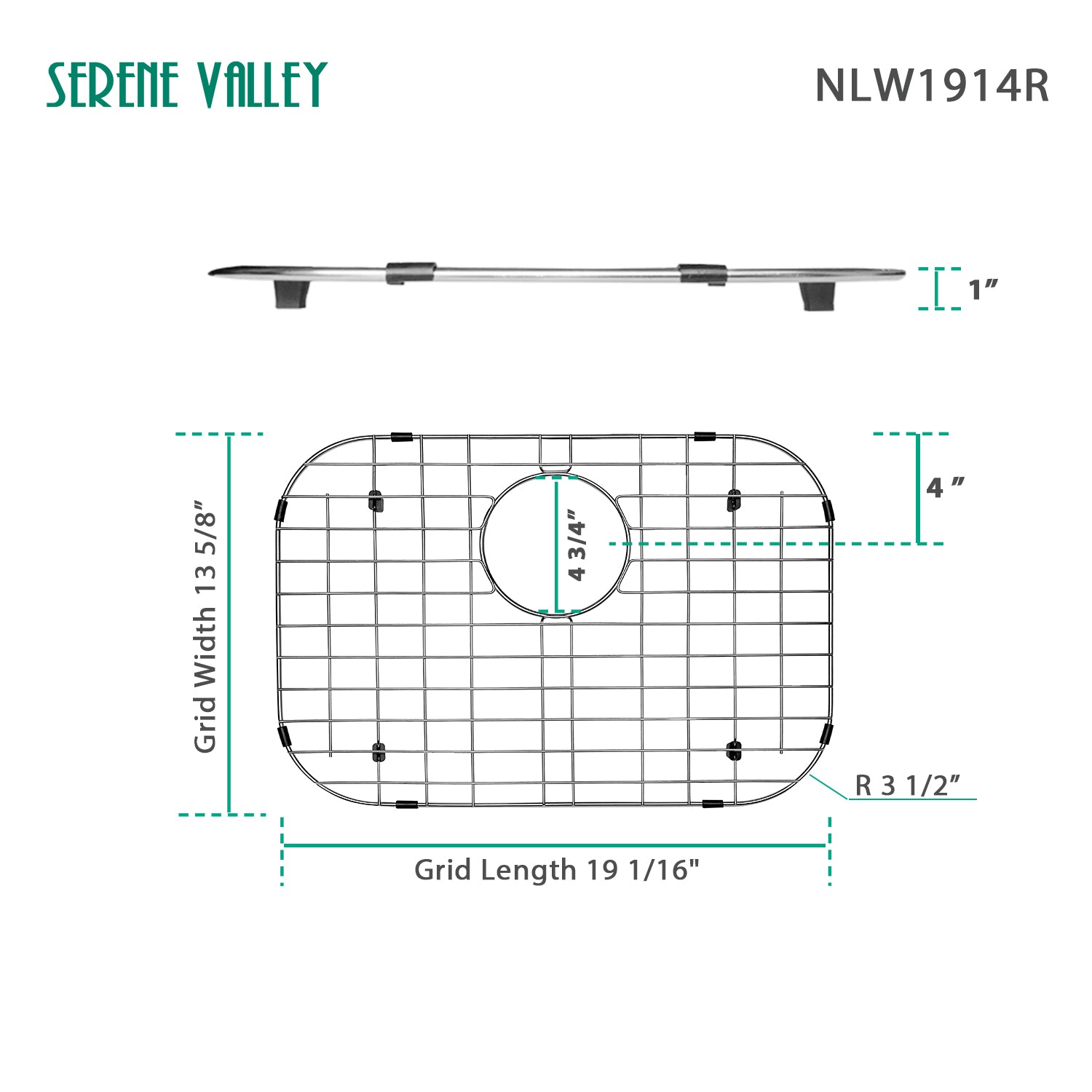 Sink Bottom Grid 19-1/16" x 13-5/8”, Rear Drain with Corner Radius 3-1/2" NLW1914R-Serene Valley