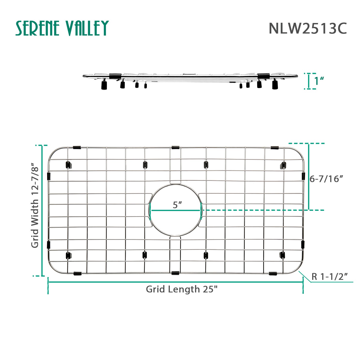 Serene Valley 25-1/8" x 12-7/8" Sink Grid , Centered Drain with Corner Radius 1-1/2",  NLW2513C-Serene Valley