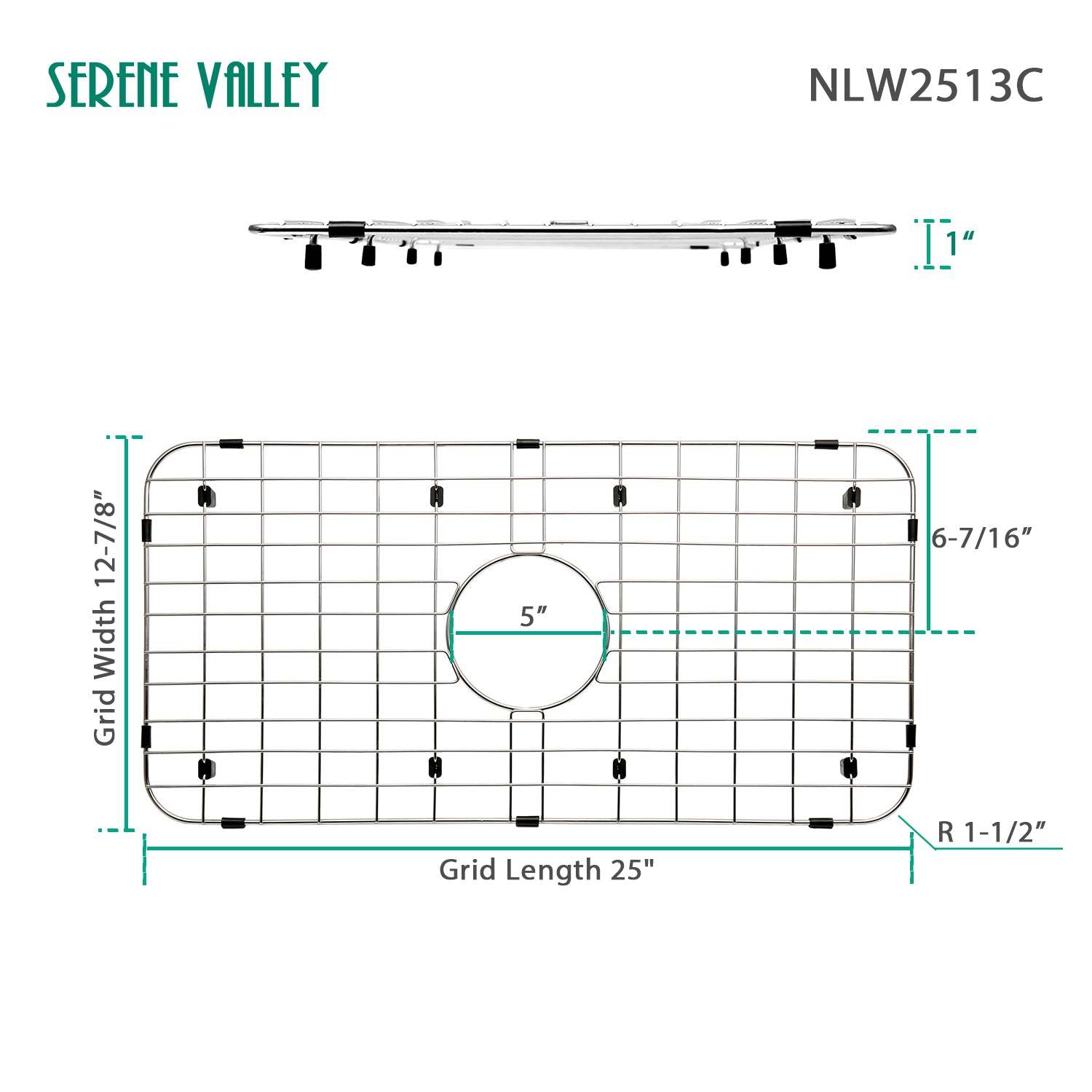 Serene Valley 25-1/8" x 12-7/8" Sink Grid , Centered Drain with Corner Radius 1-1/2",  NLW2513C-Serene Valley