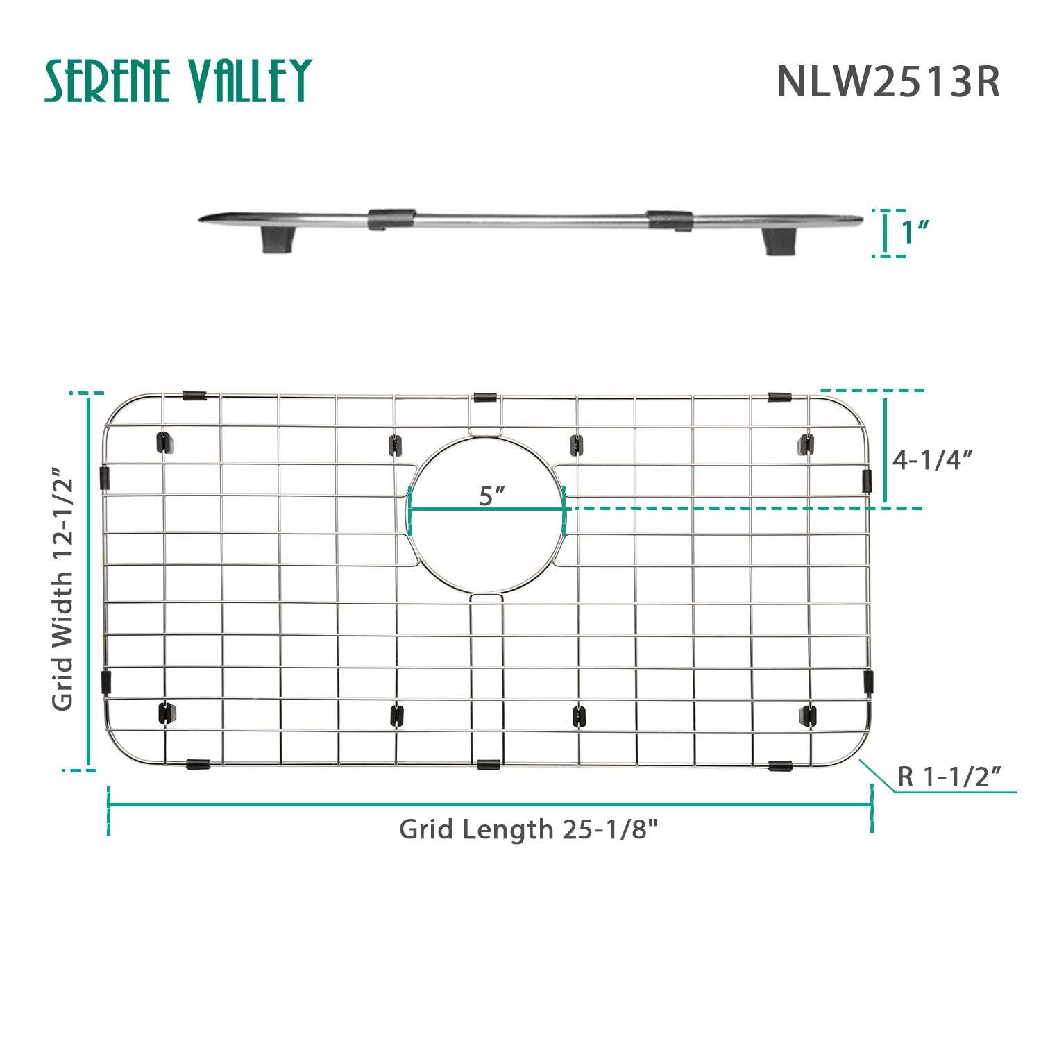 Serene Valley 25-1/4" X 12-1/2“ Sink Grid , Rear Drain with Corner Radius 1-1/2",  NLW2513R-Serene Valley