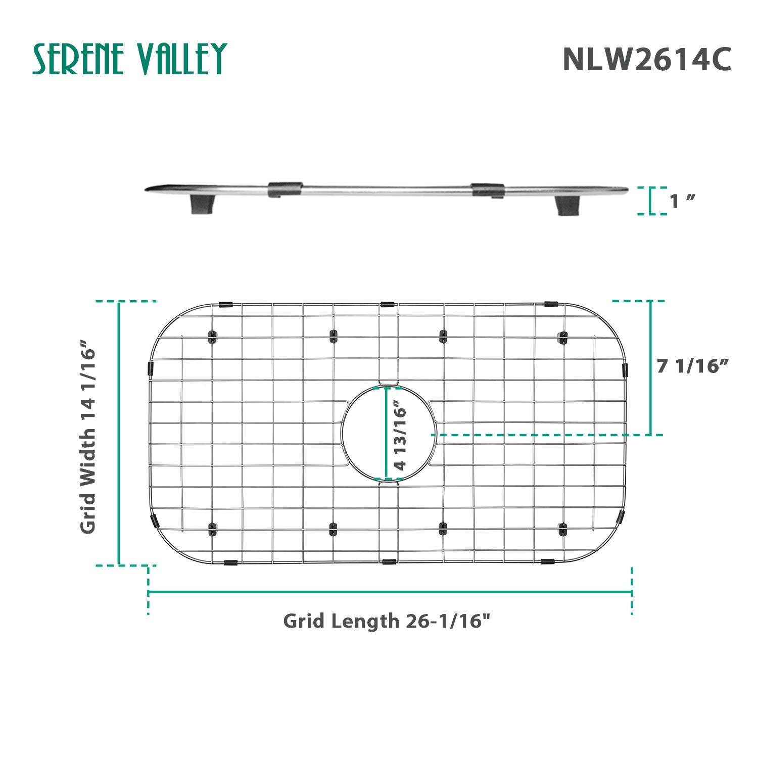 Sink Protector Grid 26-1/16" x 14-1/16", Centered Drain with Corner Radius 3-1/2" NLW2614C-Serene Valley