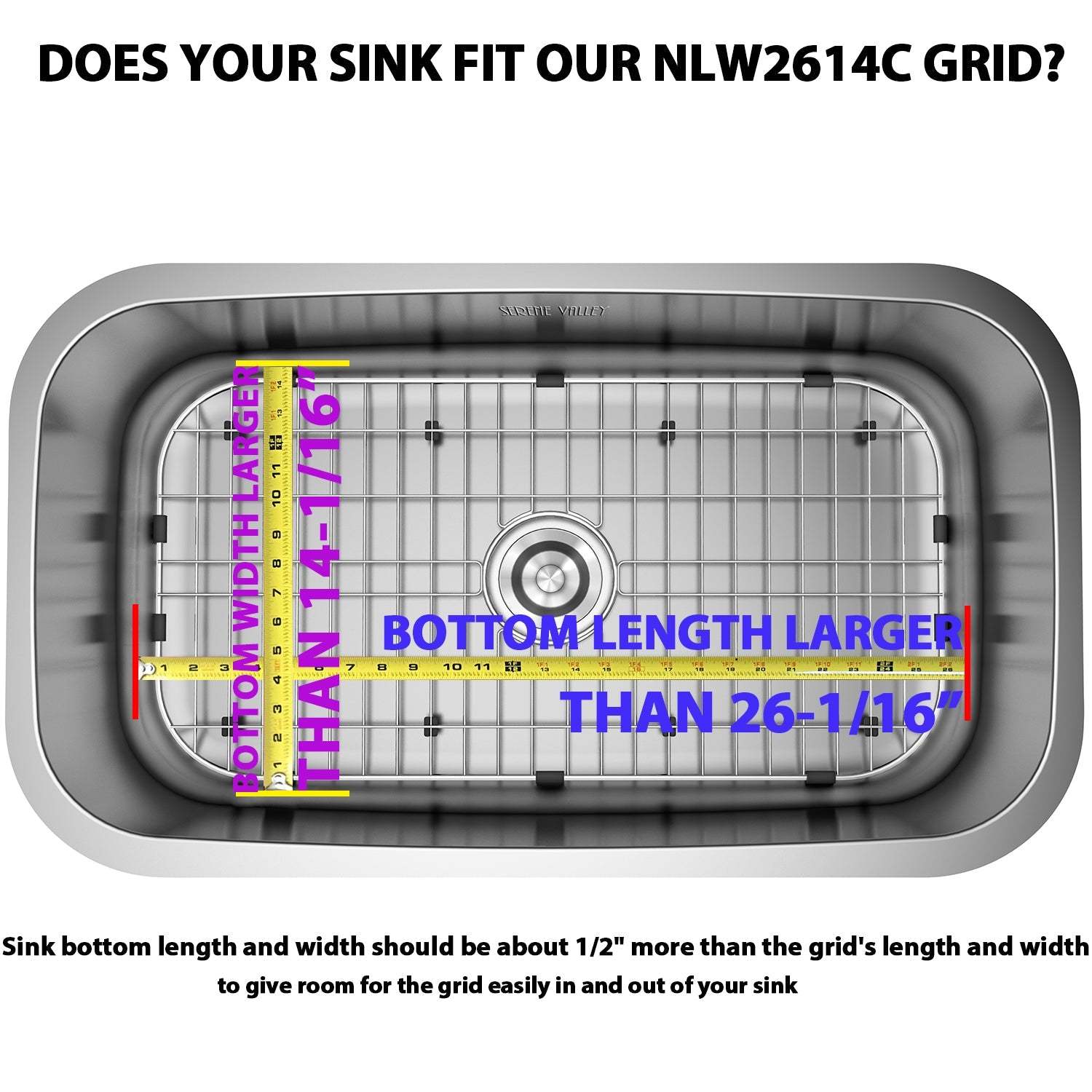 Sink Protector Grid 26-1/16" x 14-1/16", Centered Drain with Corner Radius 3-1/2" NLW2614C-Serene Valley