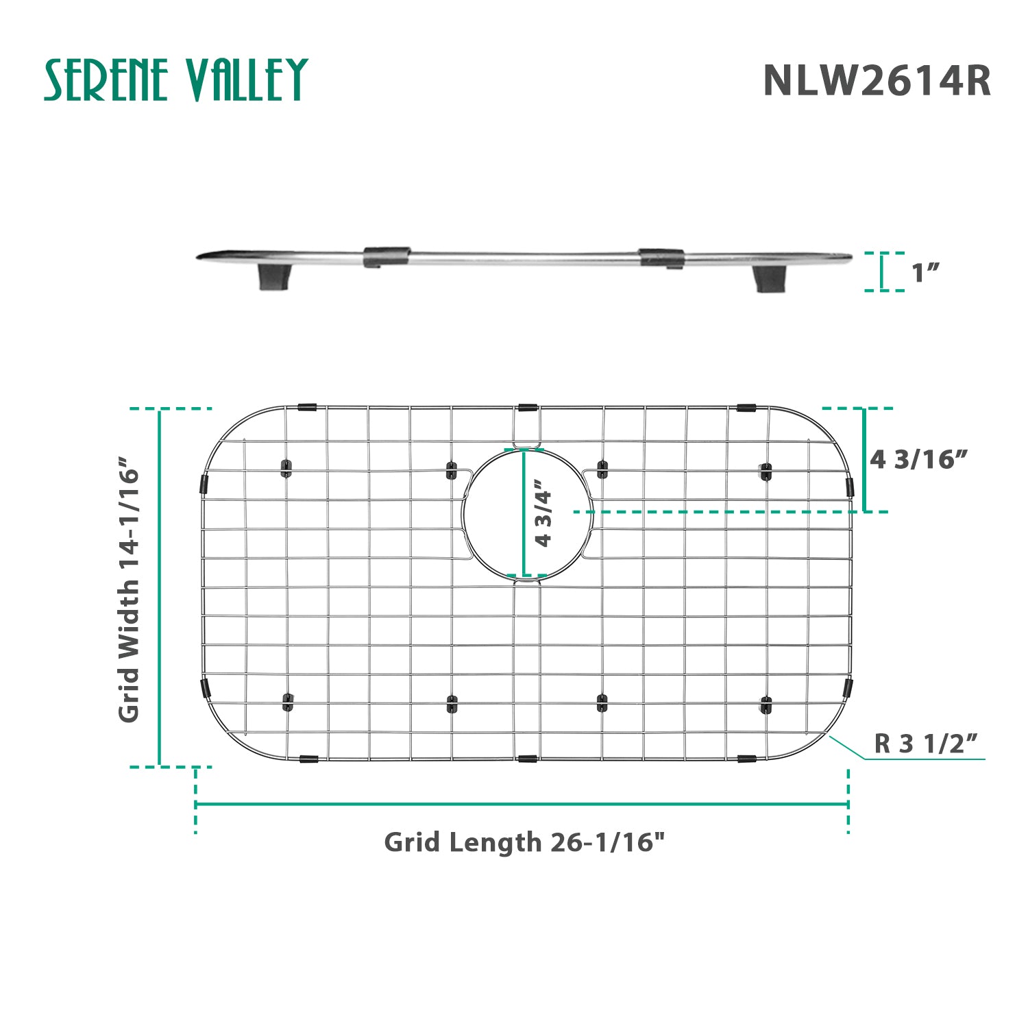 Sink Protector Grid 26-1/16" x 14-1/16", Rear Drain with Corner Radius 3-1/2" NLW2614R-Serene Valley
