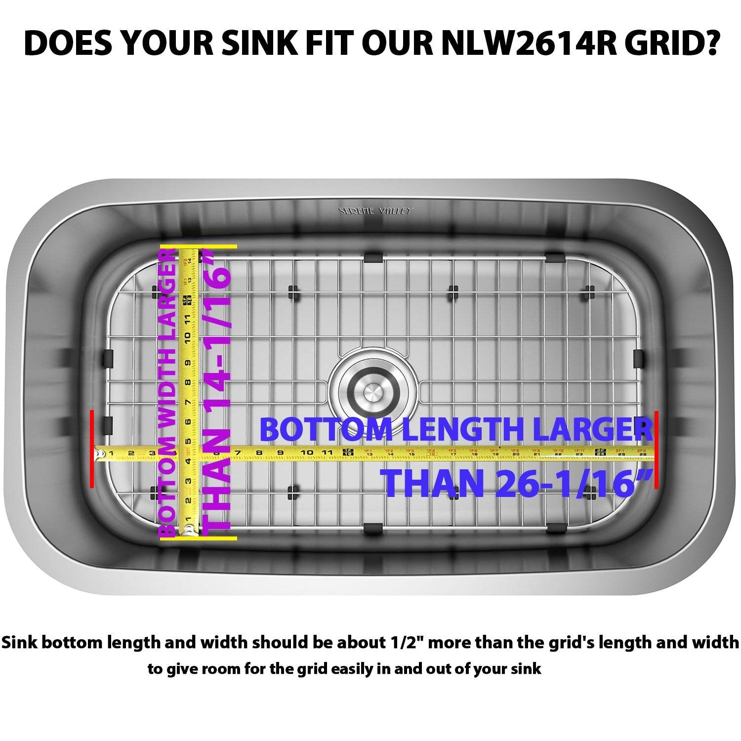 Sink Protector Grid 26-1/16" x 14-1/16", Rear Drain with Corner Radius 3-1/2" NLW2614R-Serene Valley