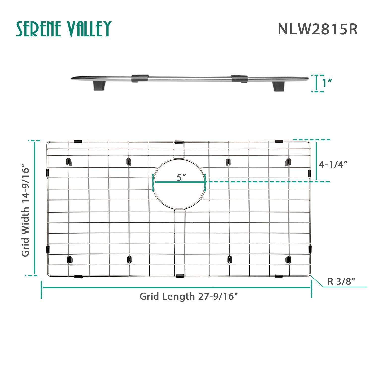 Serene Valley 27-9/16" x 14-9/16" Sink Protector, Rear Drain with Corner Radius 3/16", Sink Grid NLW2815R-Serene Valley