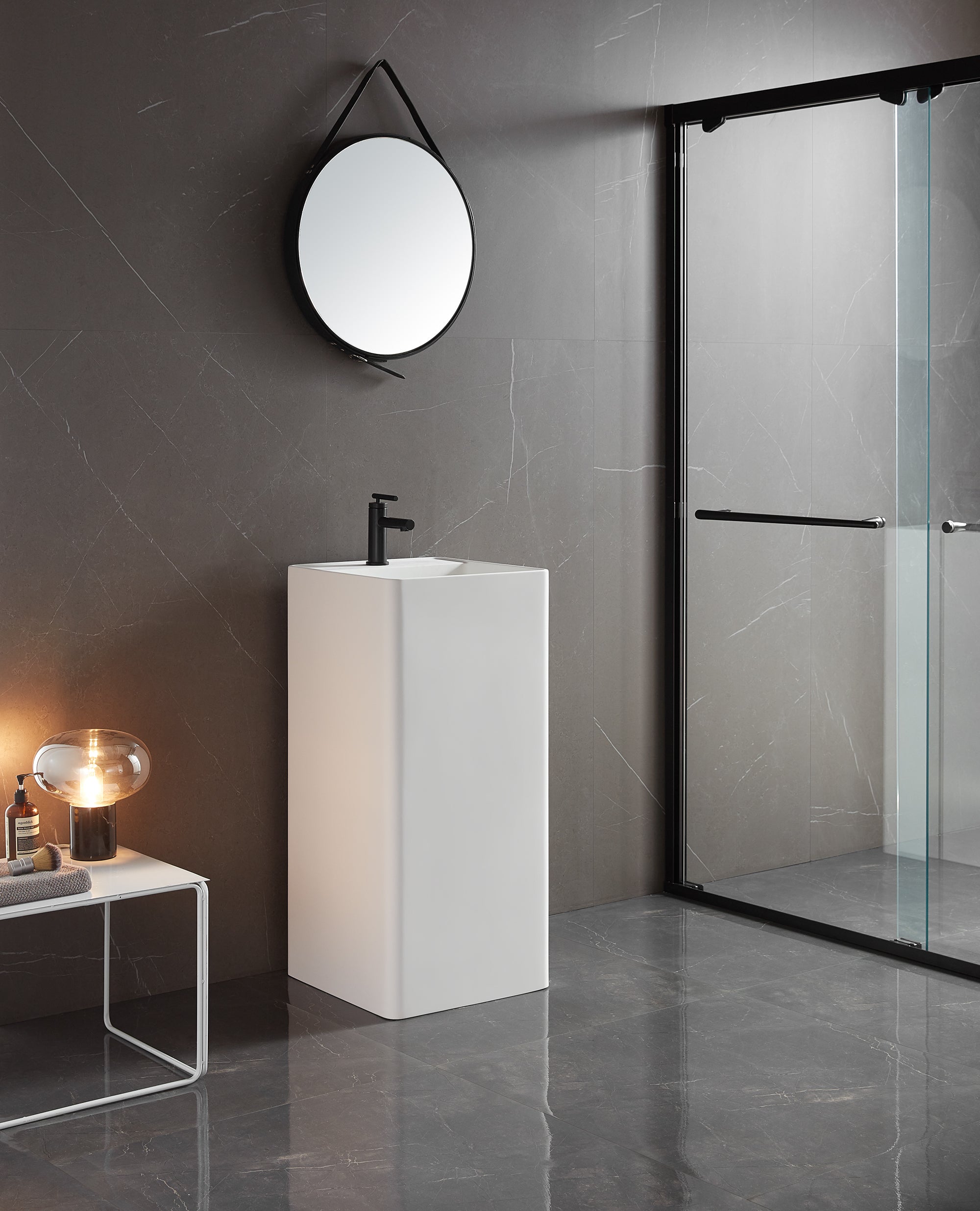 Bathroom Pedestal Sink, Solid Surface Material, Free-Standing Install, 16.5" with Single Faucet Hole in Matte White, SV-PSF17-Serene Valley