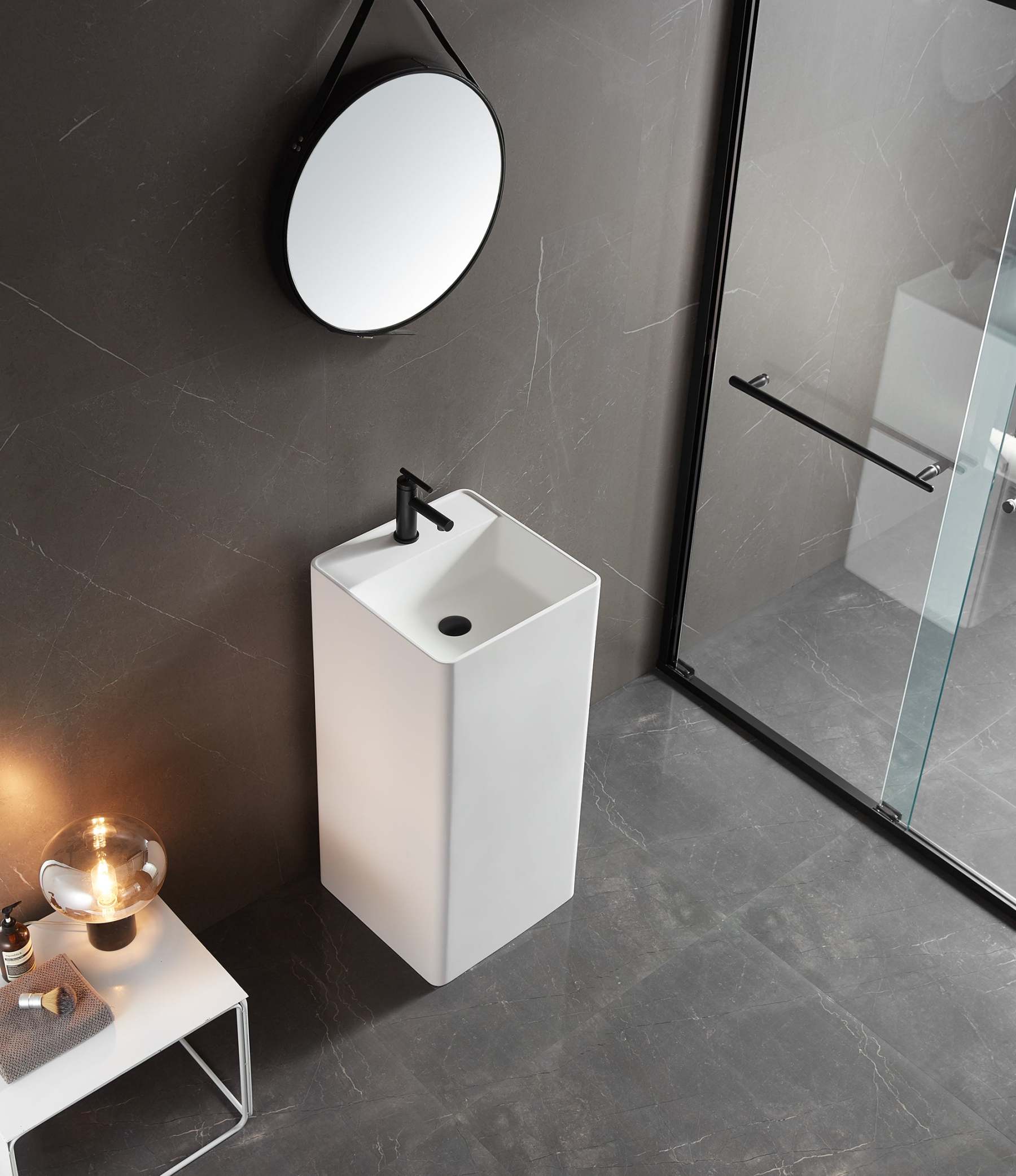 Bathroom Pedestal Sink, Solid Surface Material, Free-Standing Install, 16.5" with Single Faucet Hole in Matte White, SV-PSF17-Serene Valley